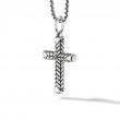 Chevron Sculpted Cross Pendant in Sterling Silver with Black Diamonds, 49mm