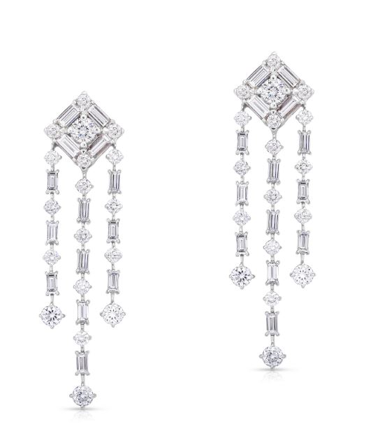 18k White Gold Classic Diamond Baguett Chandellier Earrings - Fg Vs-si
