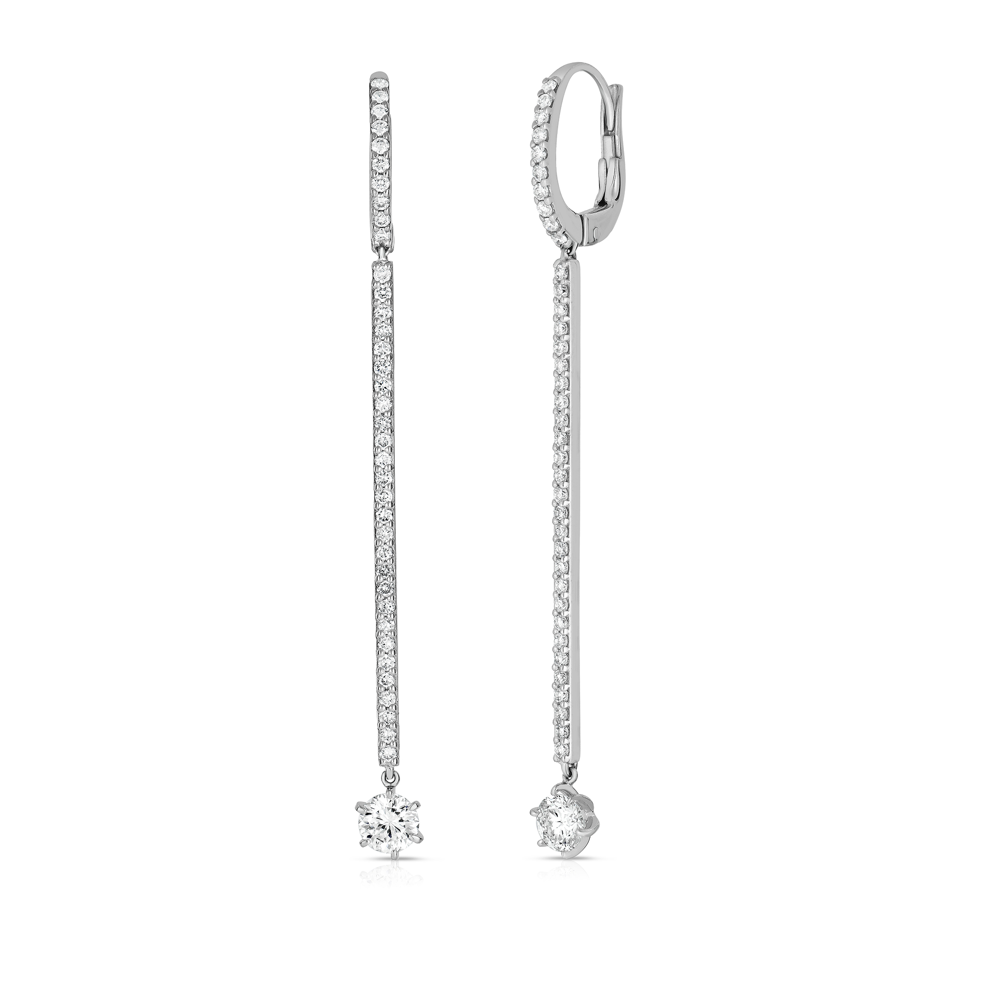 18k White Gold Classic Diamond Long Matchstick Pave Diamond Earrings