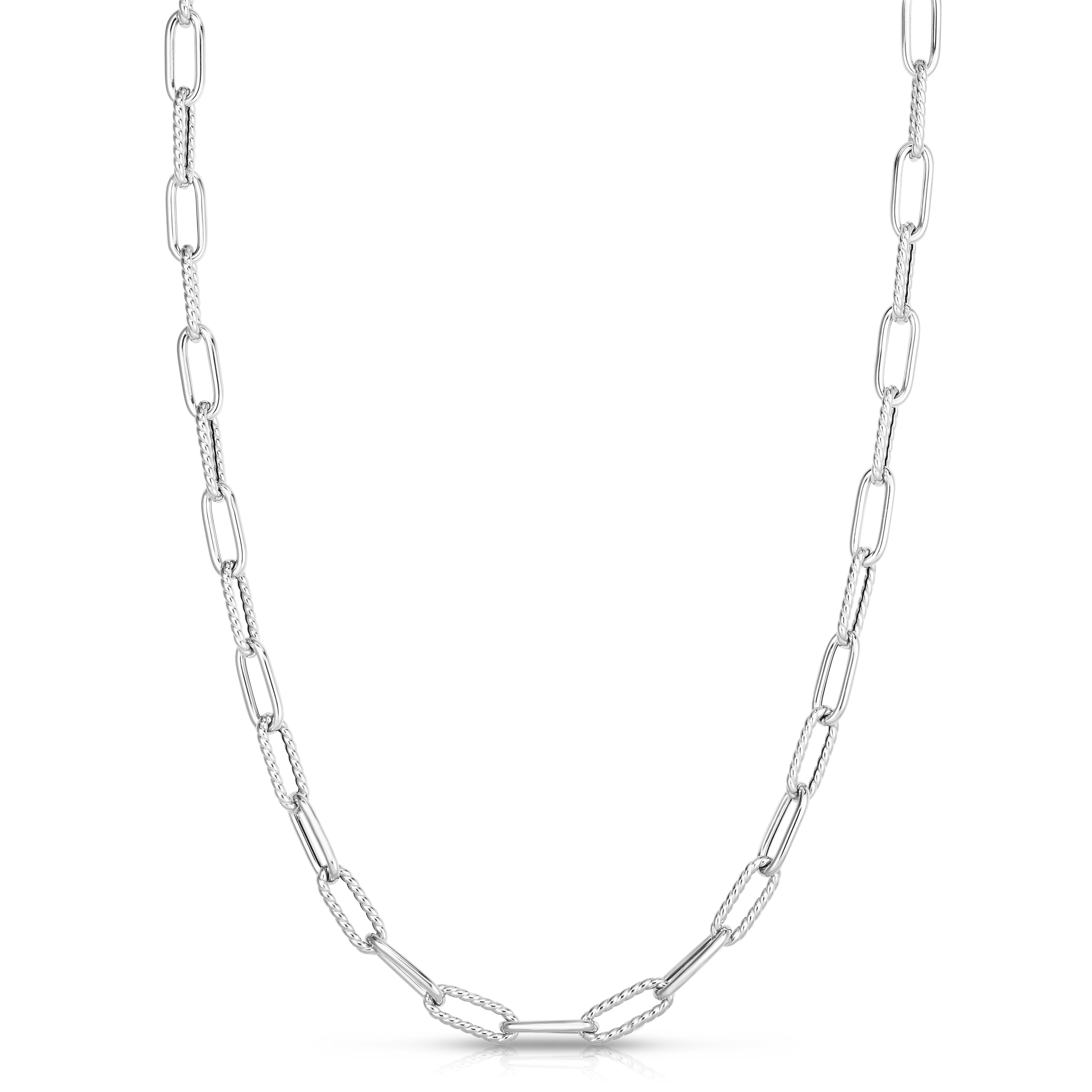 18k White Designer Gold Alternating Polished & Fluted Paperclip Link Necklace