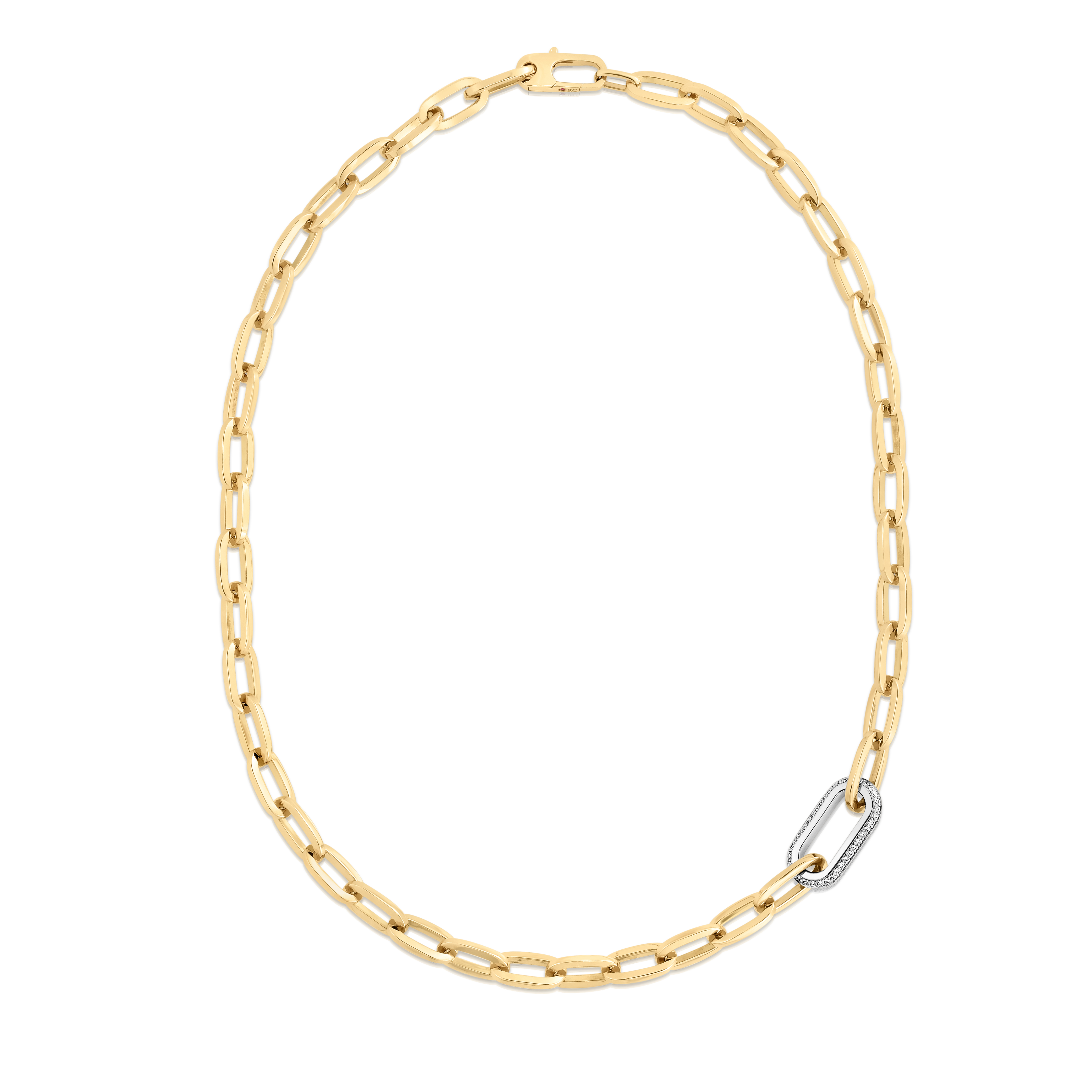 18k Yellow/white Designer Gold Single Large Diamond Link Paperclip Necklace