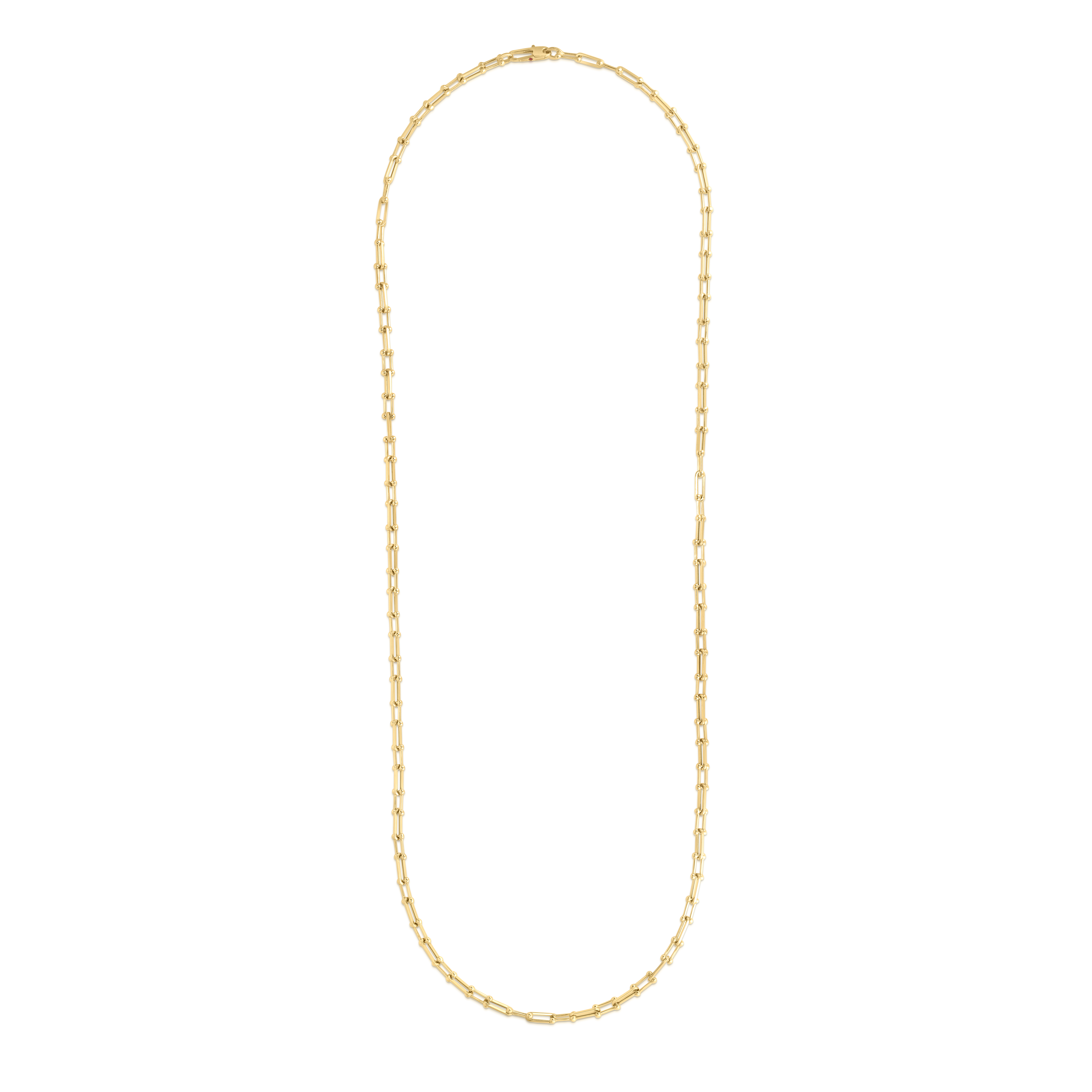 18k Yellow Designer Gold Alternating Beaded End & Paperclip Link Long Necklace