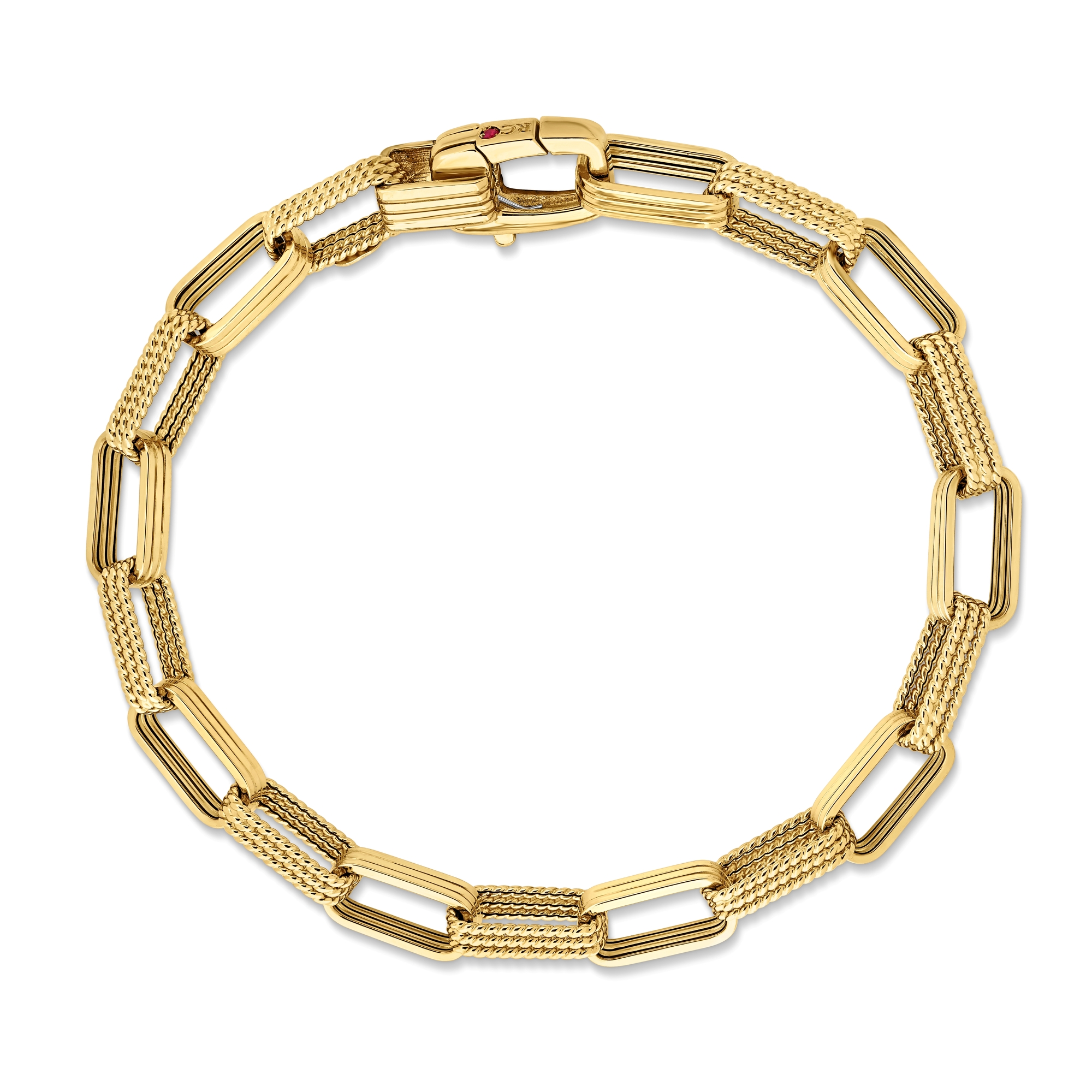 18k Yellow Designer Gold Chain Alternating Rectangular Link Chain Bracelet
