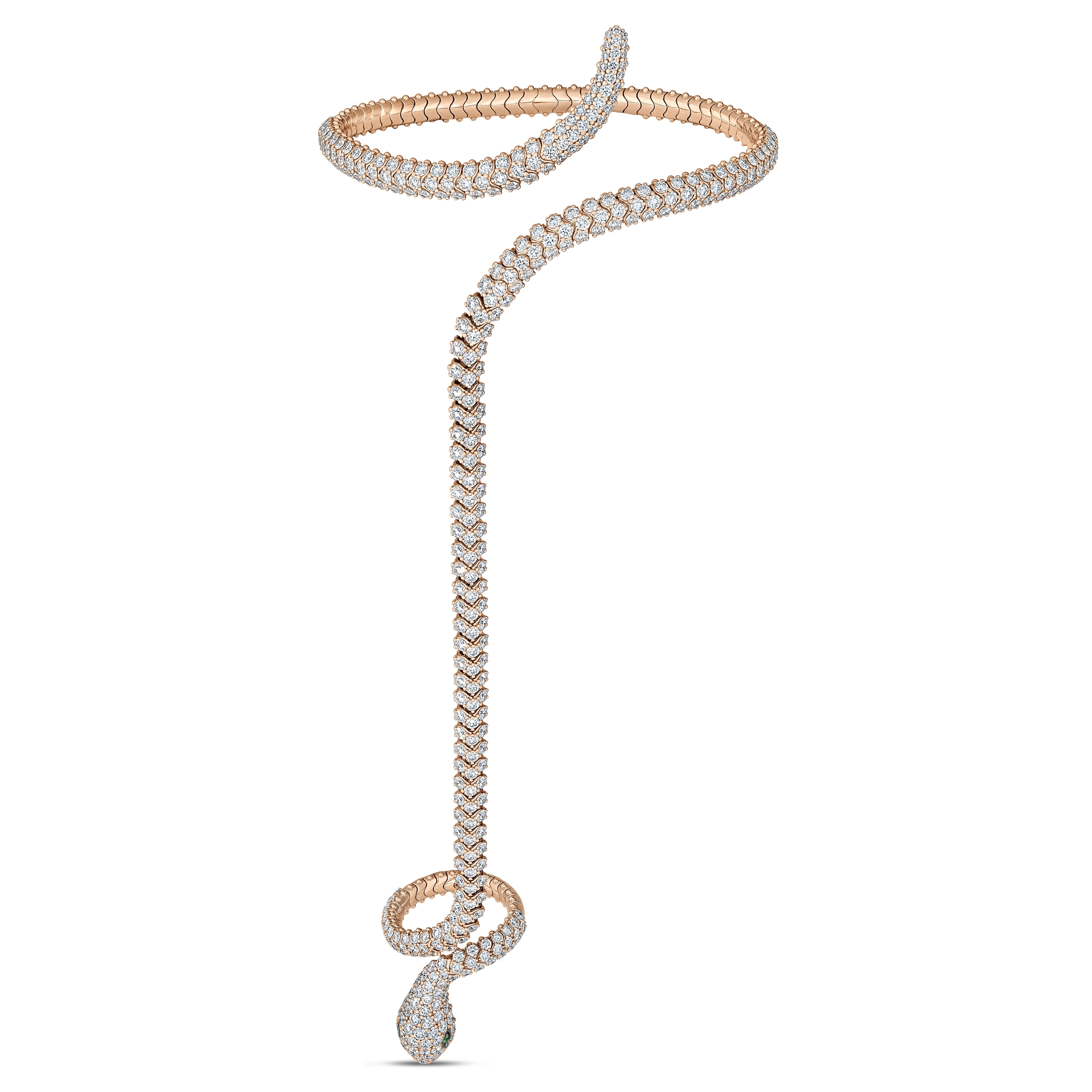 18k Rose Gold Cobra Diamond And Green Garnet Snake Cuff Bangle/ring