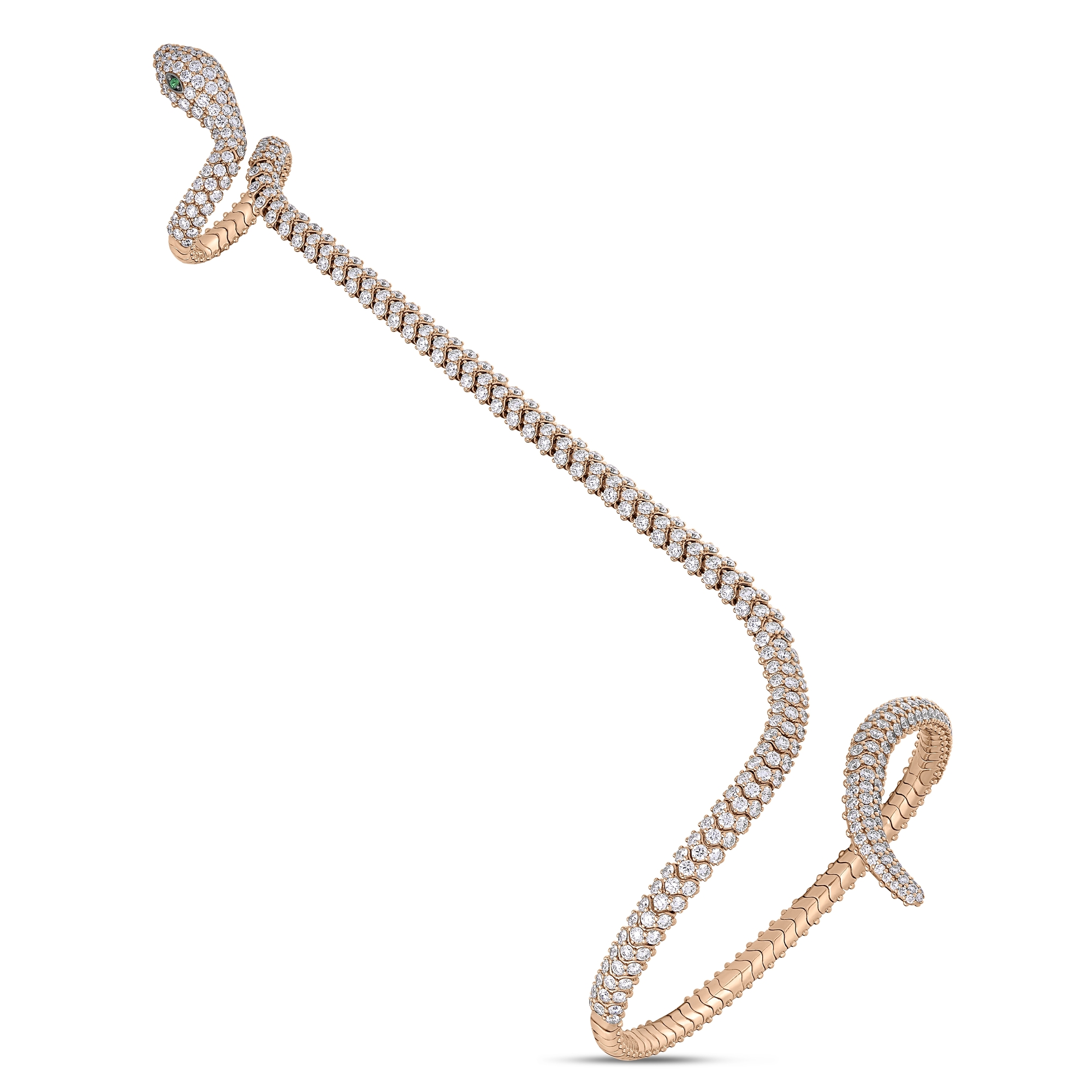 18k Rose Gold Cobra Diamond And Green Garnet Snake Cuff Bangle/ring