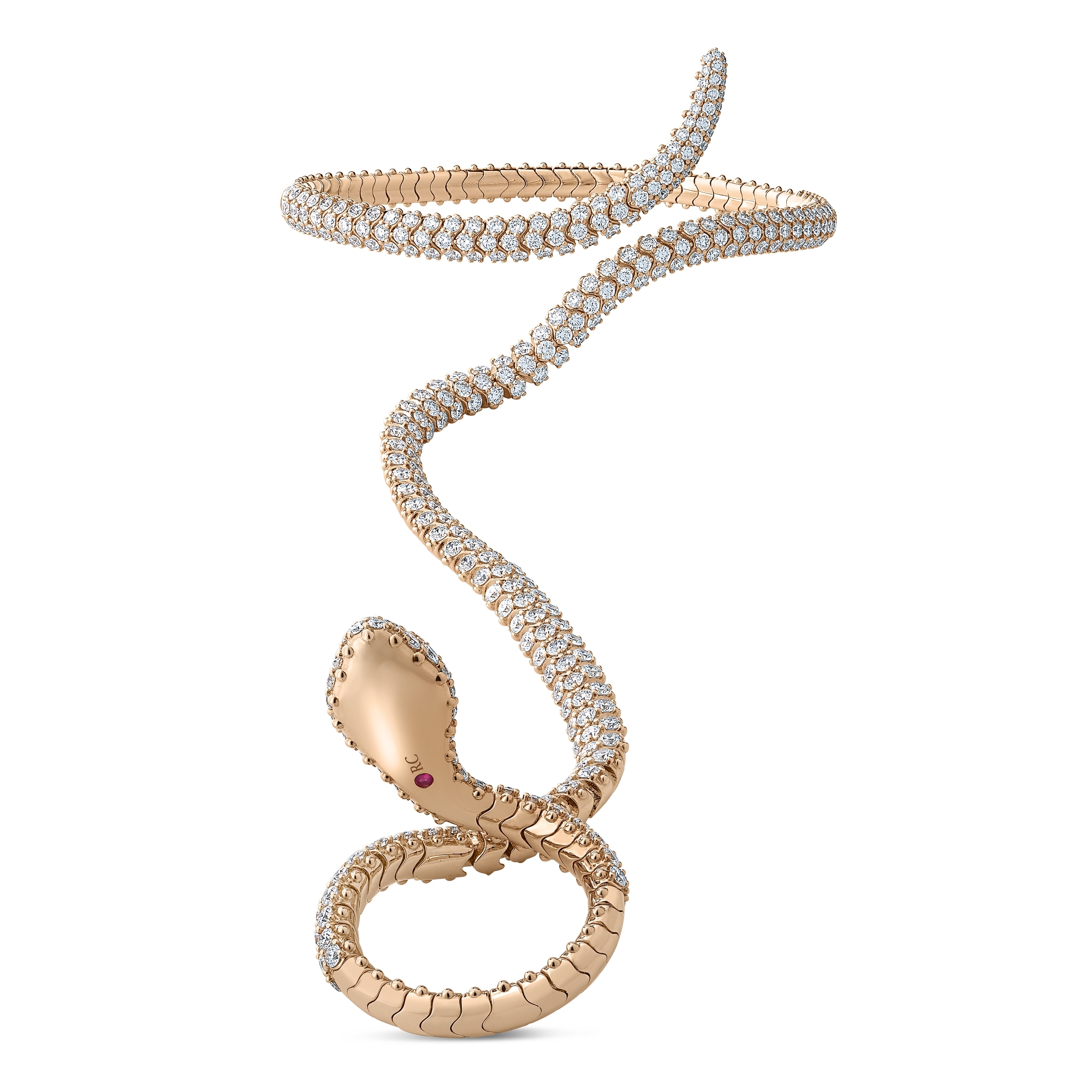 18k Rose Gold Cobra Diamond And Green Garnet Snake Cuff Bangle/ring