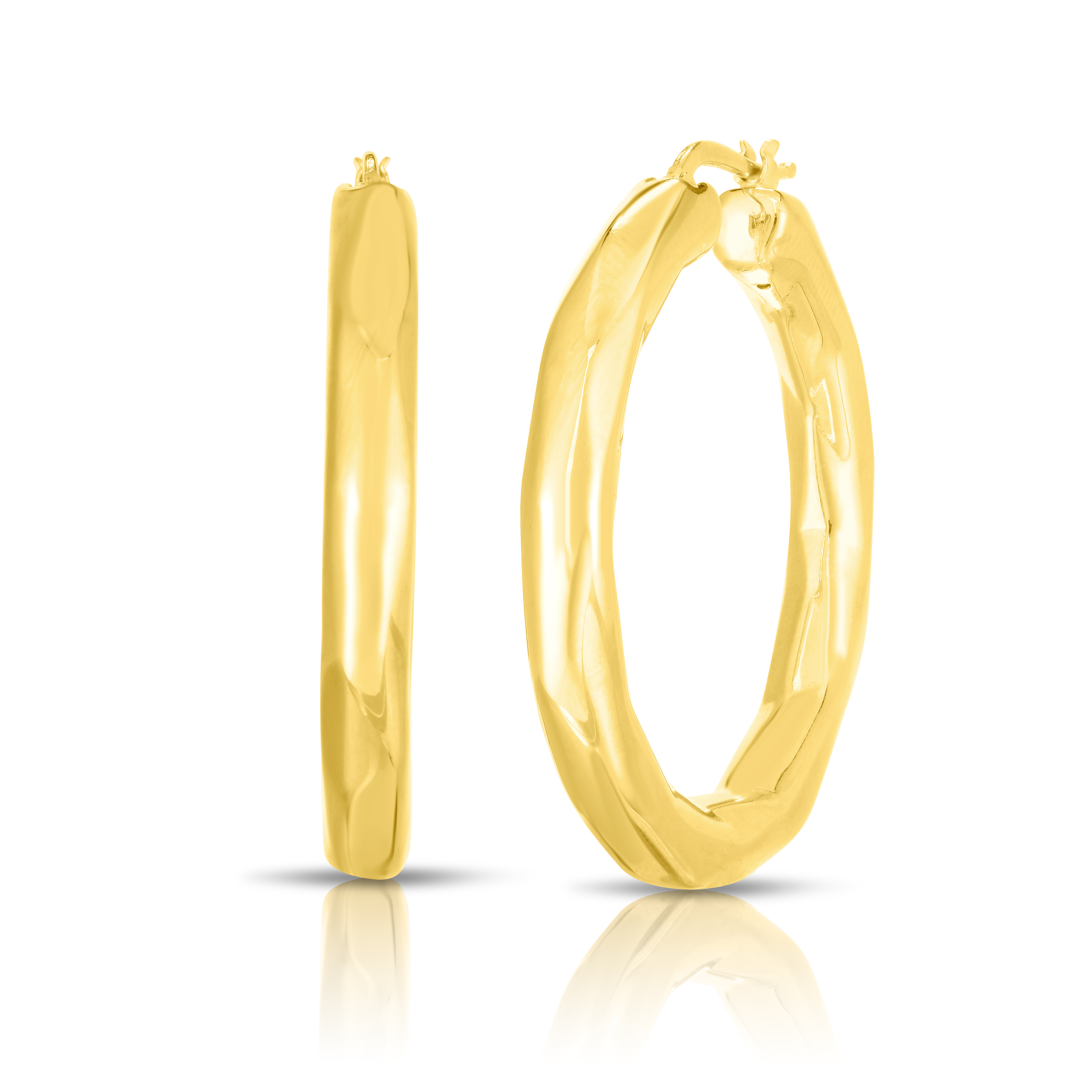 18k Yellow Desinger Gold Medium Faceted Thick Hoop Earrings