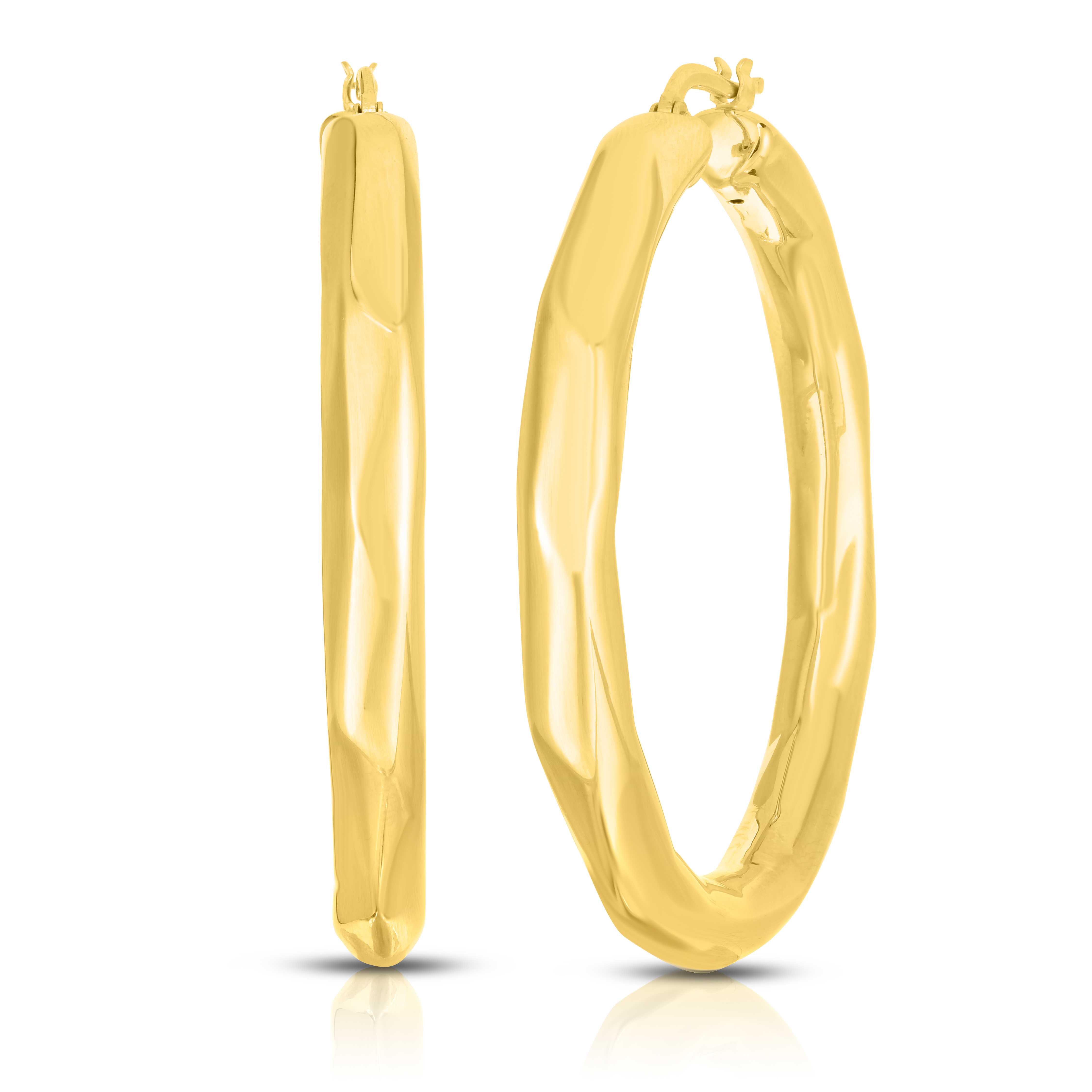 18k Yellow Designer Gold Large Faceted Thick Hoop Earrings