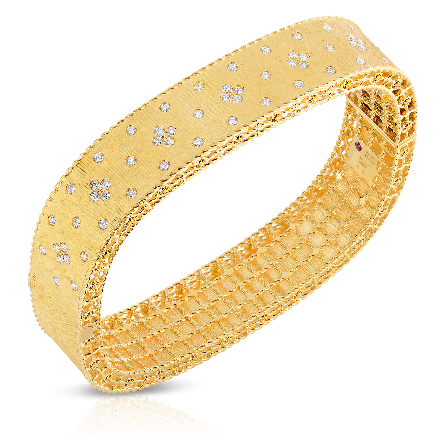 18k Yellow Gold Princess Satin Finish & Fleur De Lis Diamond Medium Width Bangle