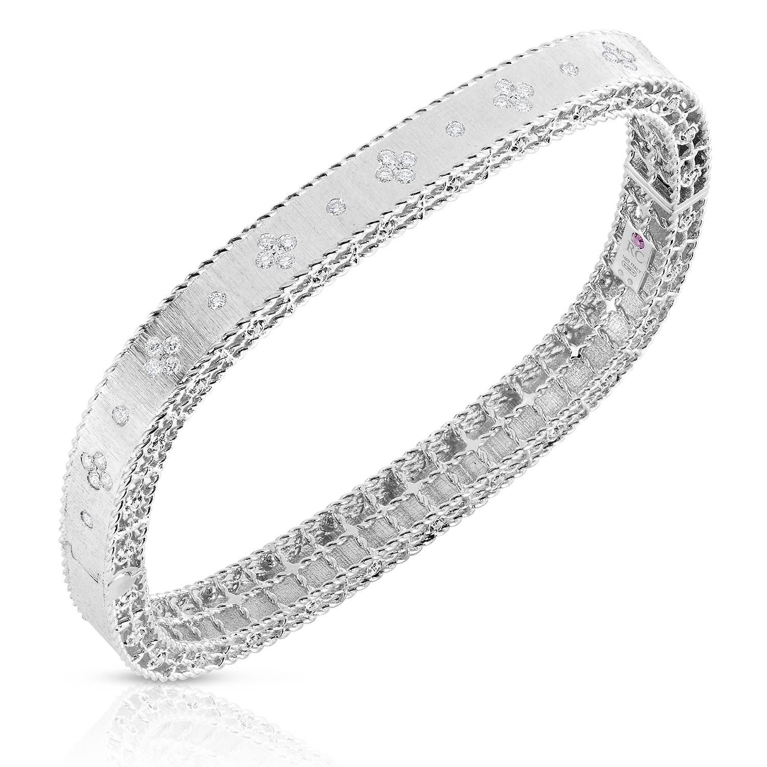 18k White Gold Princess Satin Fleur De Lis Diamond Slim Bangle
