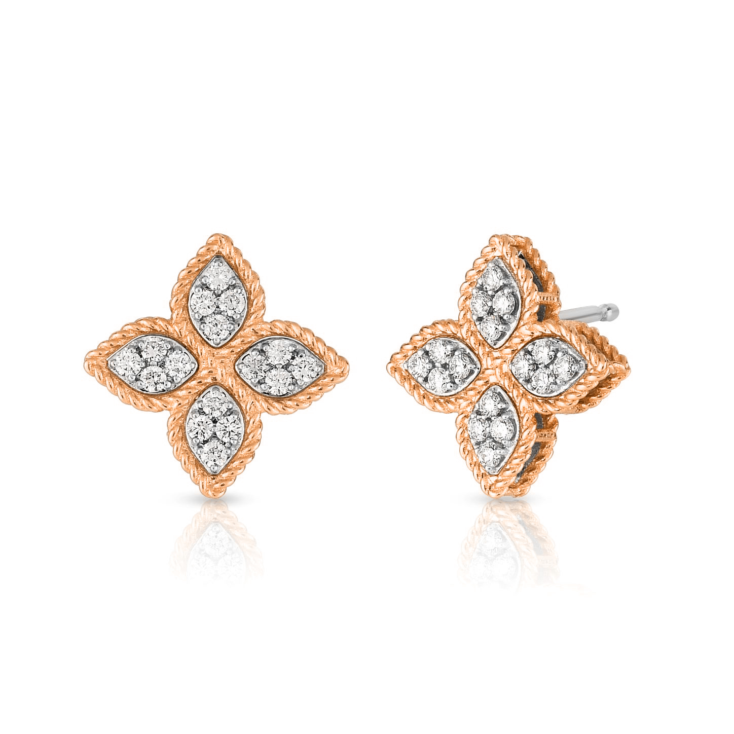 18k Rose/white Gold Princess Flower Medium Diamond Stud Earrings