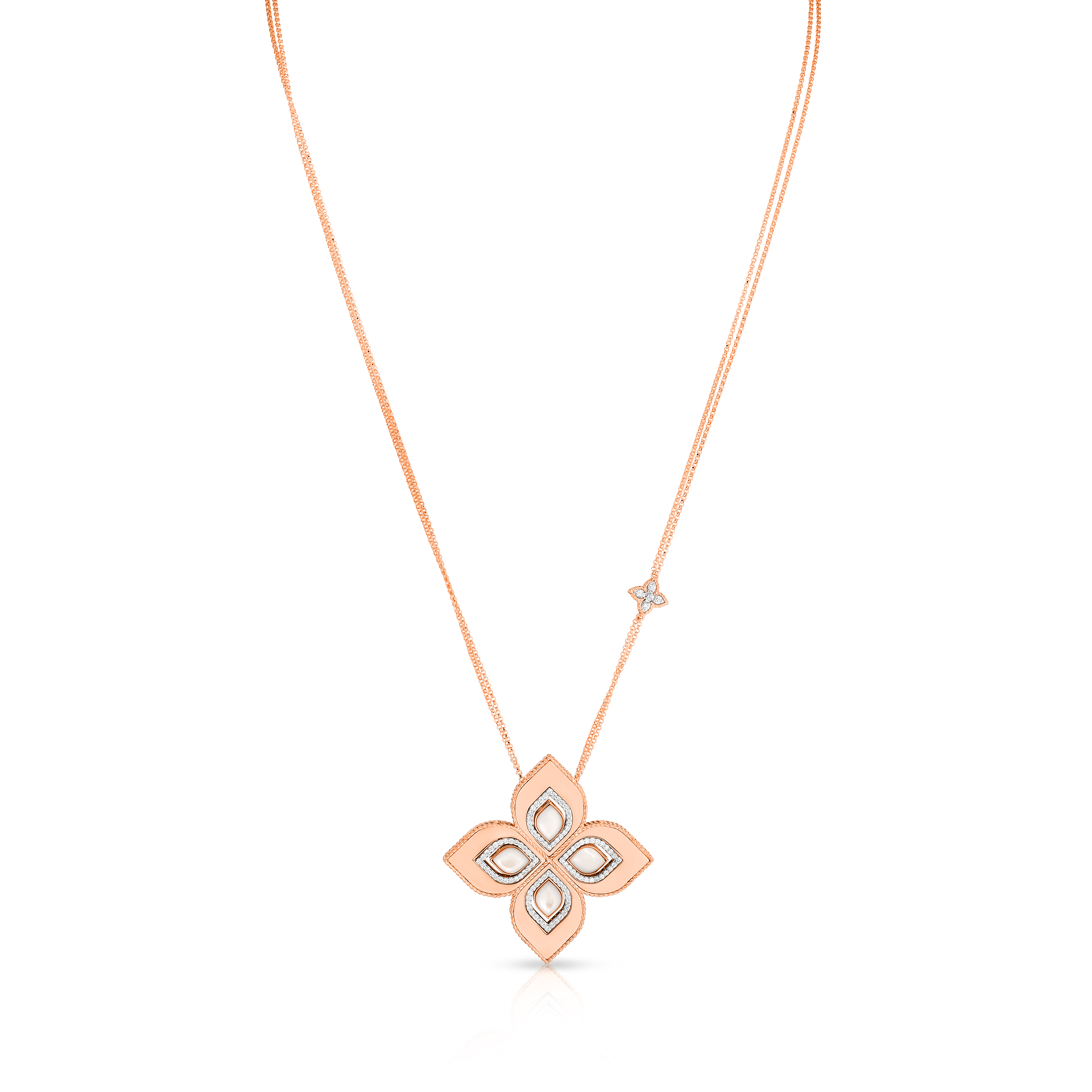 18k Rose/white Gold Venetian Princess Large Mother Of Pearl & Diamond Polished Flower Necklace