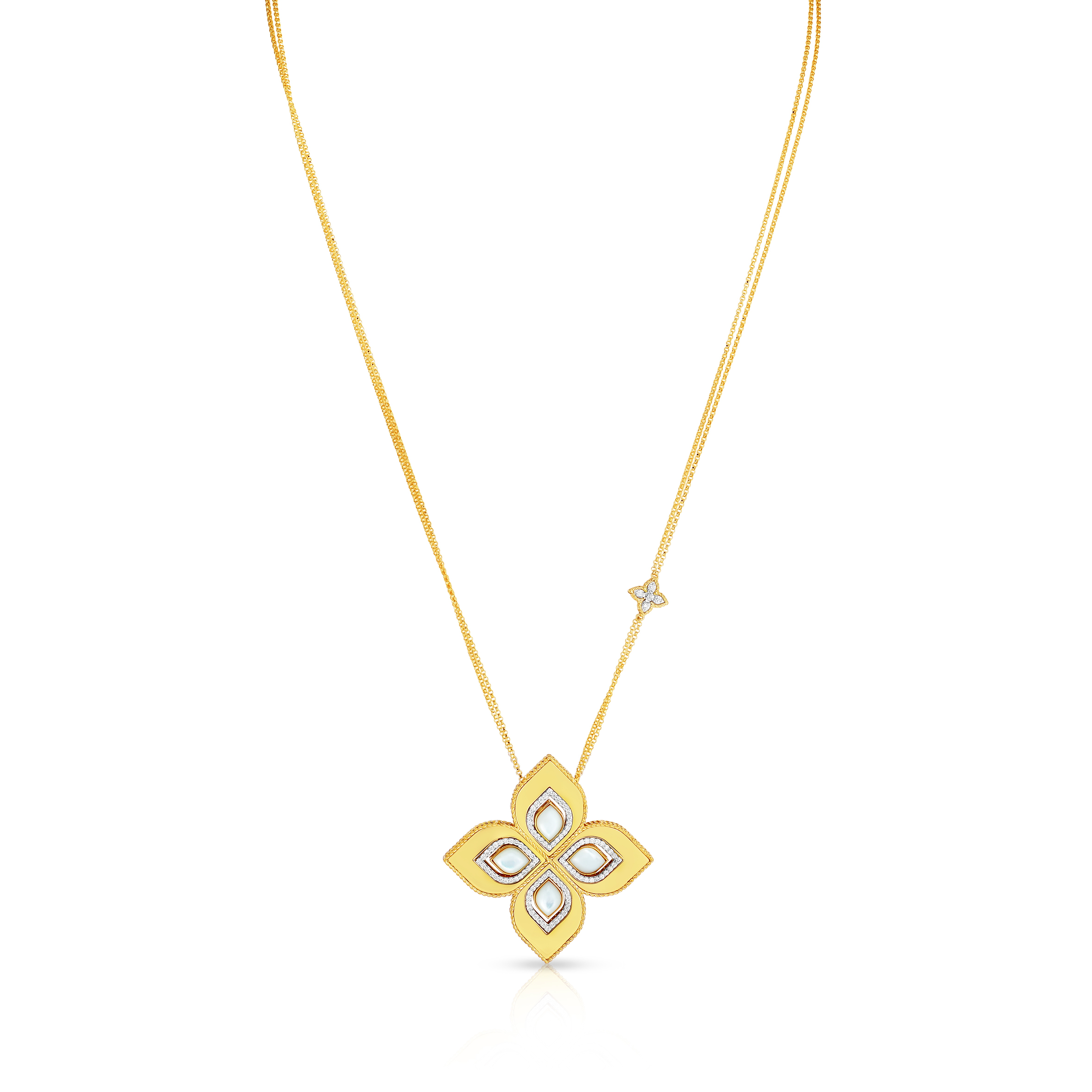 18k Yellow/white Gold Venetian Princess Large Mother Of Pearl & Diamond Polished Flower Necklace
