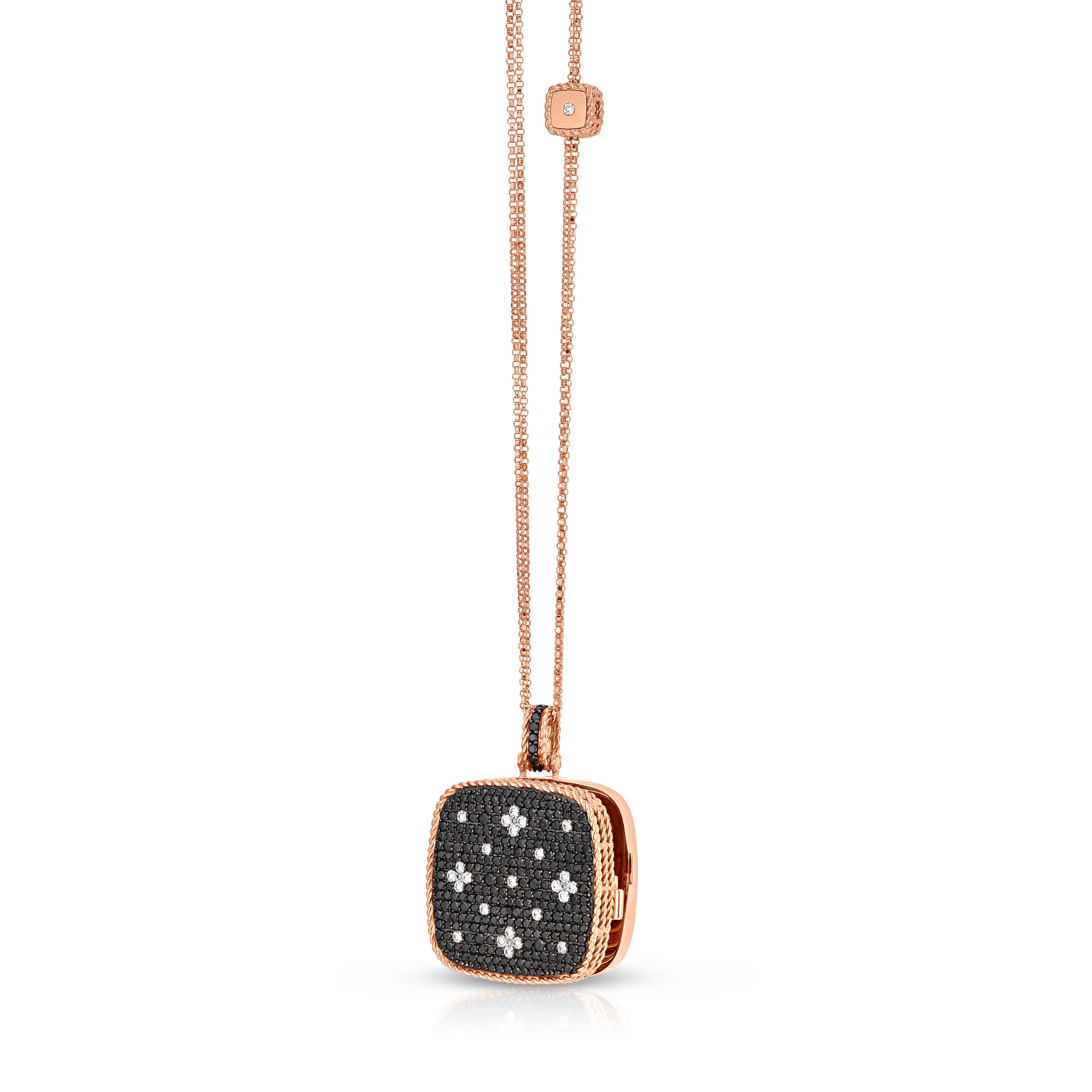 18k Rose Gold Venetian Princess Black & White Diamond Locket Long Necklace