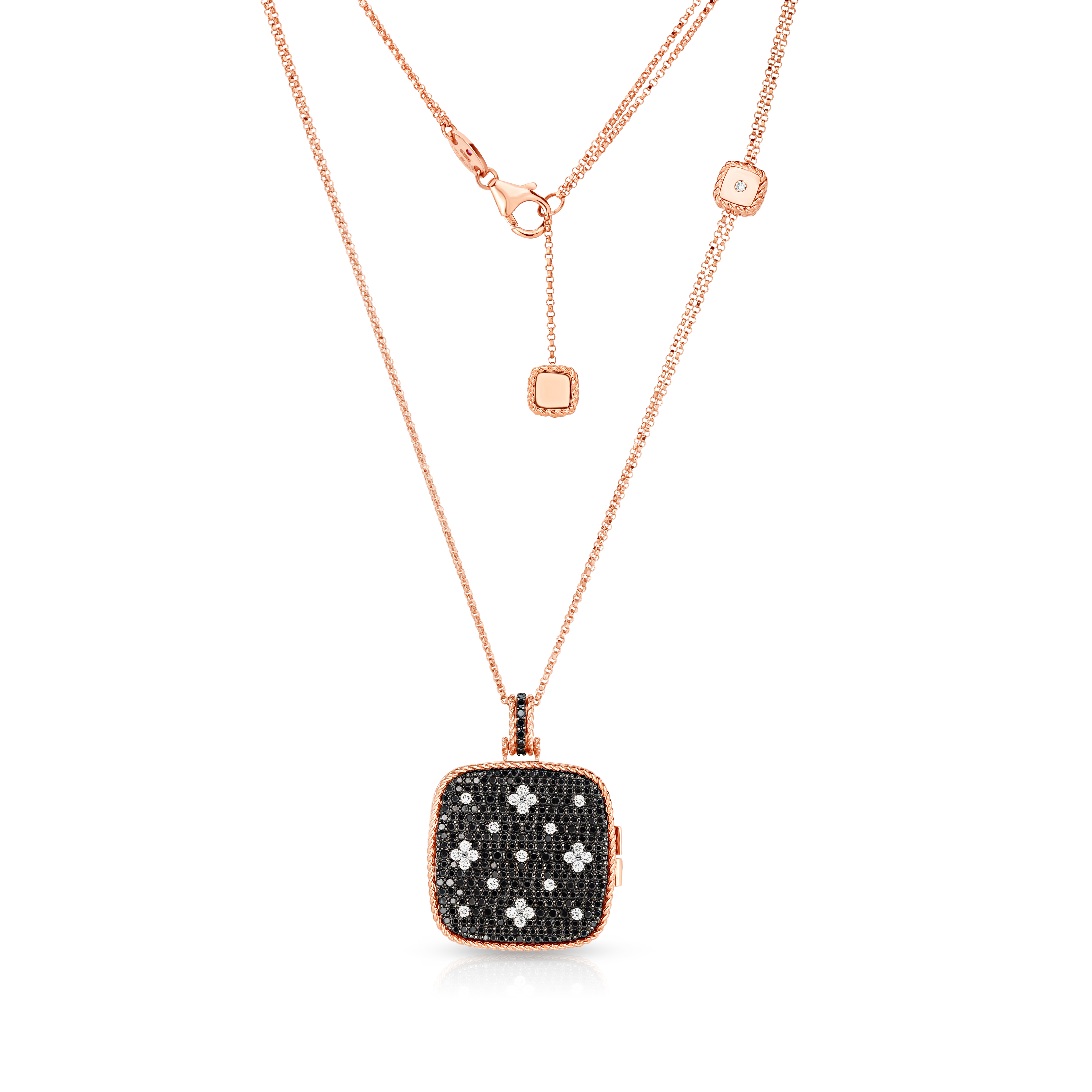 18k Rose Gold Venetian Princess Black & White Diamond Locket Long Necklace