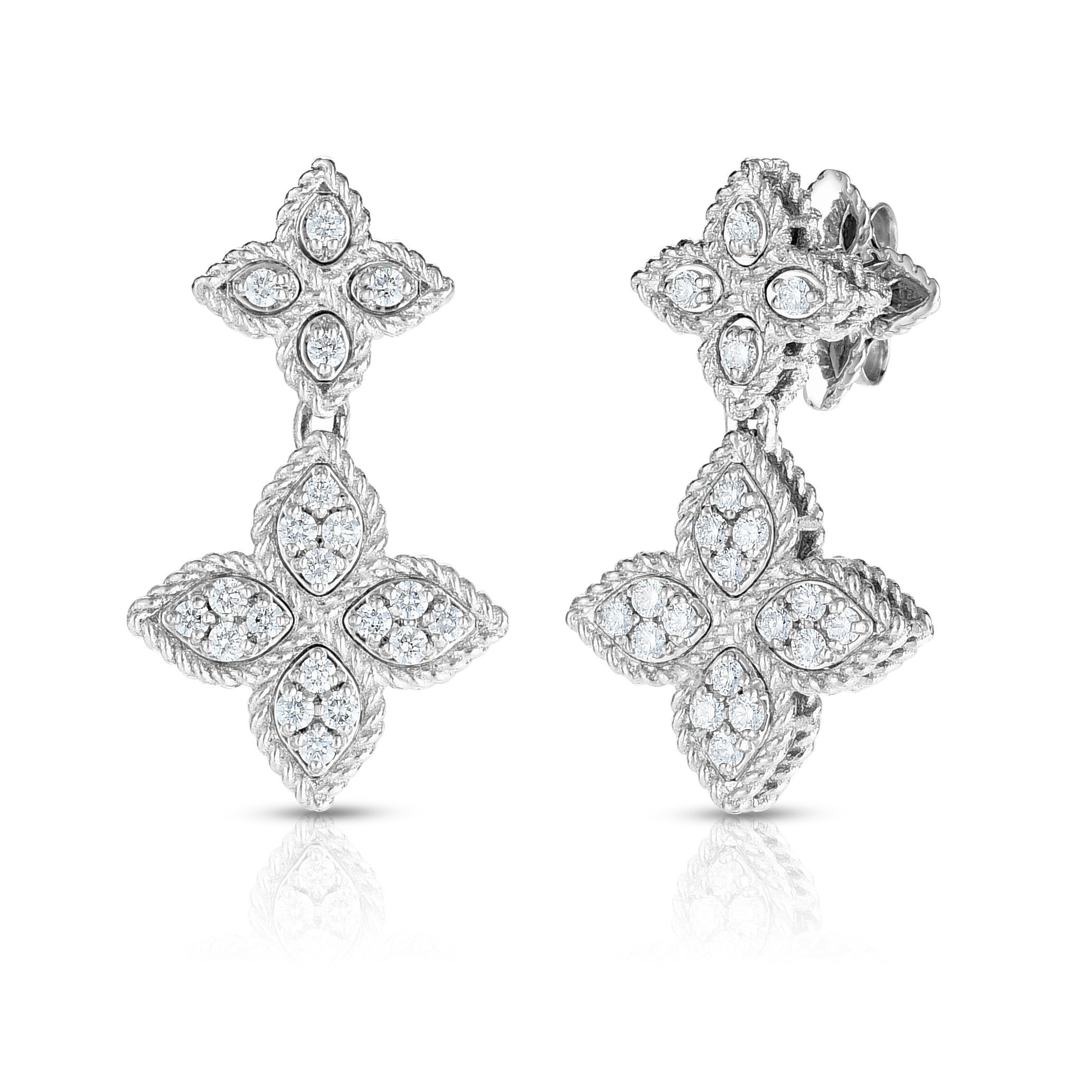 18k White Gold Princess Flower Pave Diamond Dangle Earrings