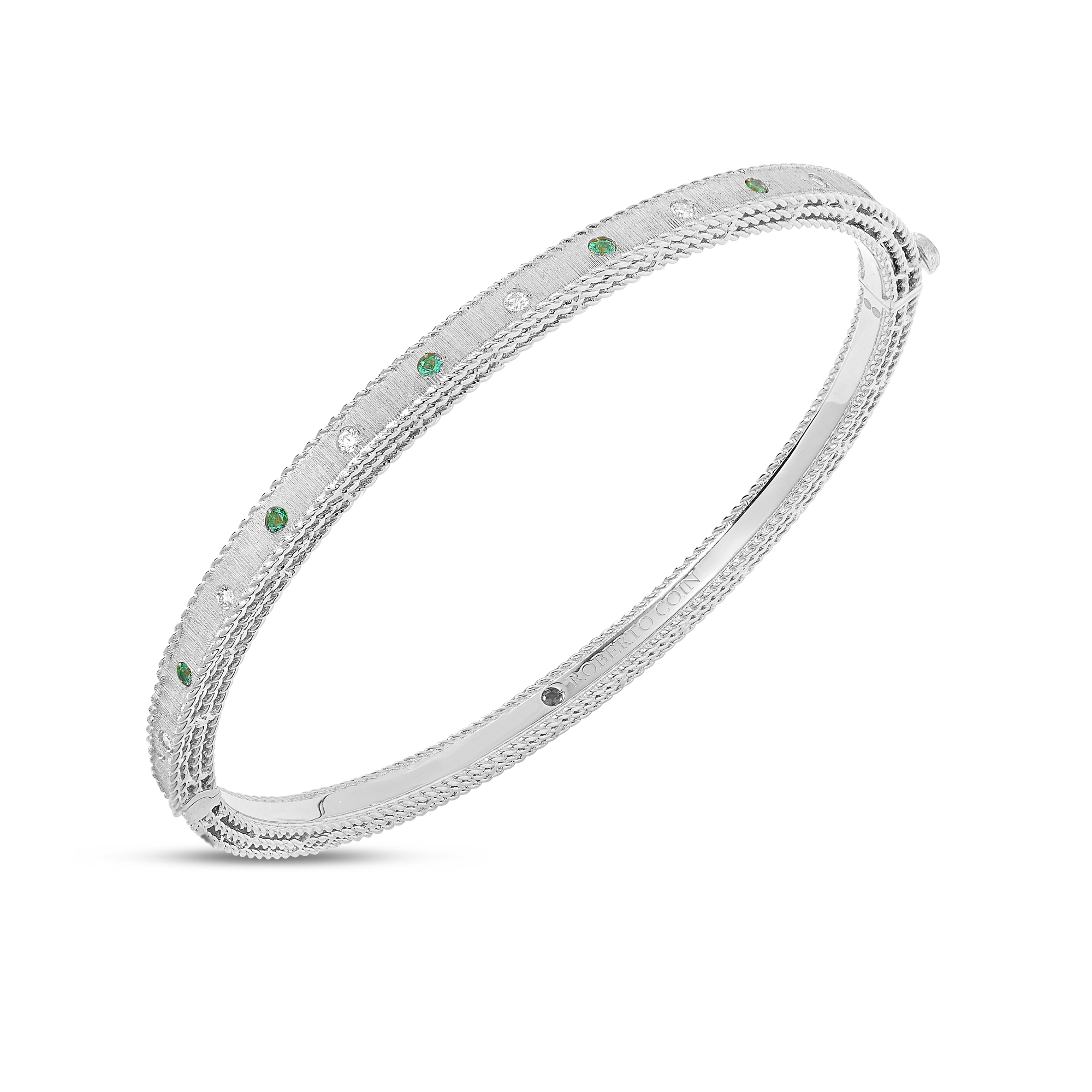 18k White Gold Princess Diamond & Emerald Satin Finish Bangle