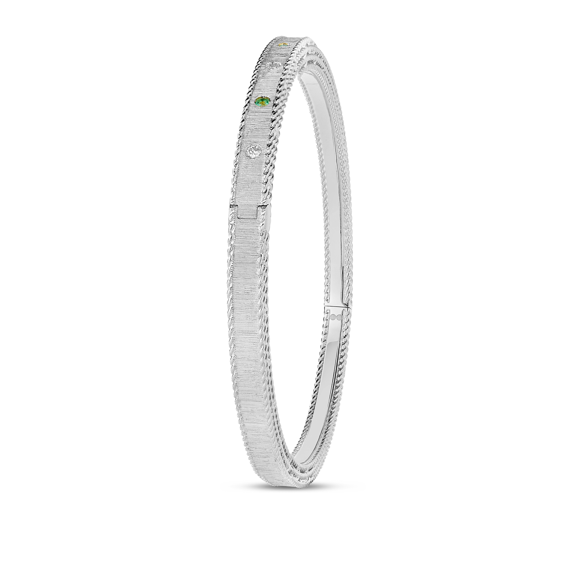 18k White Gold Princess Diamond & Emerald Satin Finish Bangle