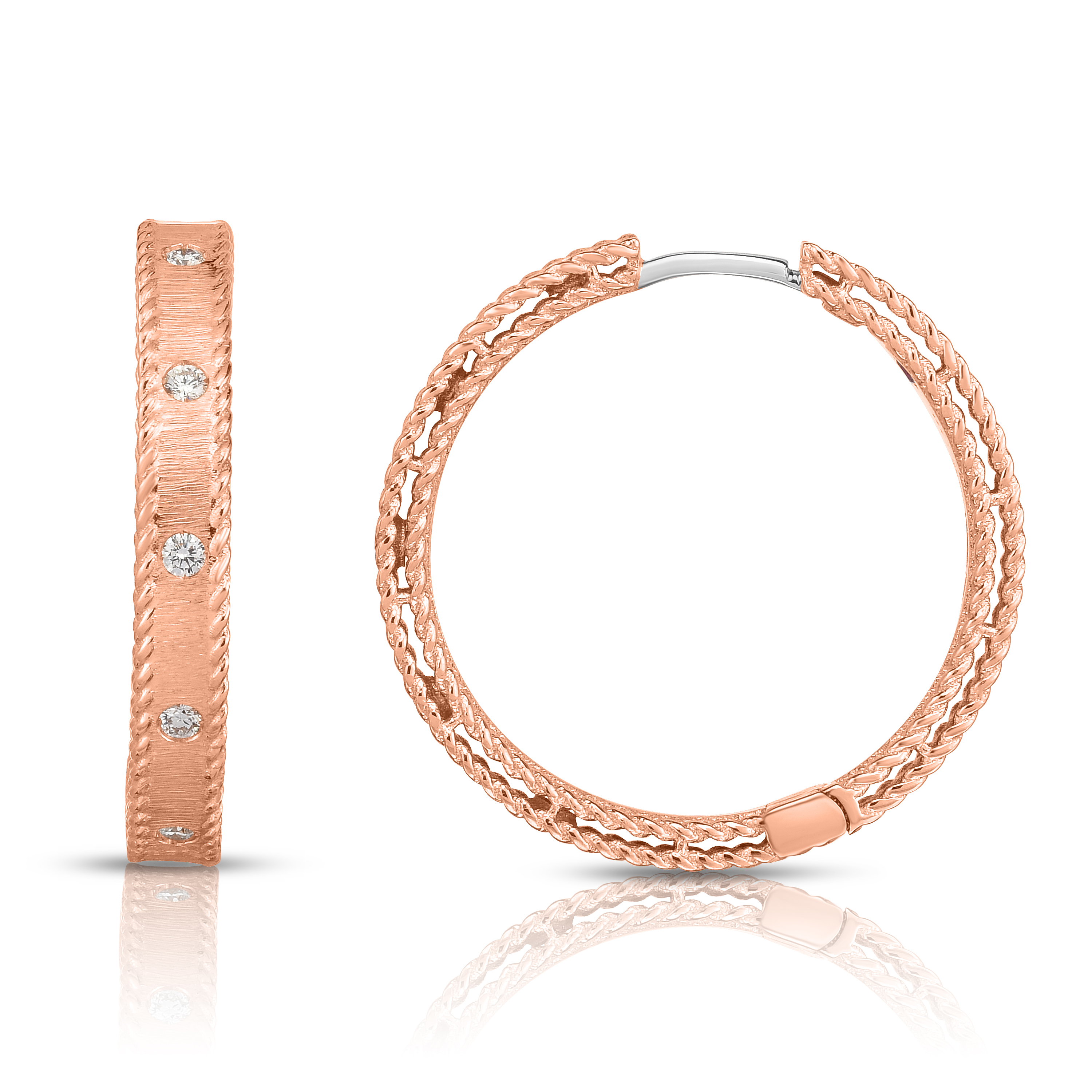 18k Rose Gold Princess Diamond & Satin Finish Hoop Earrings