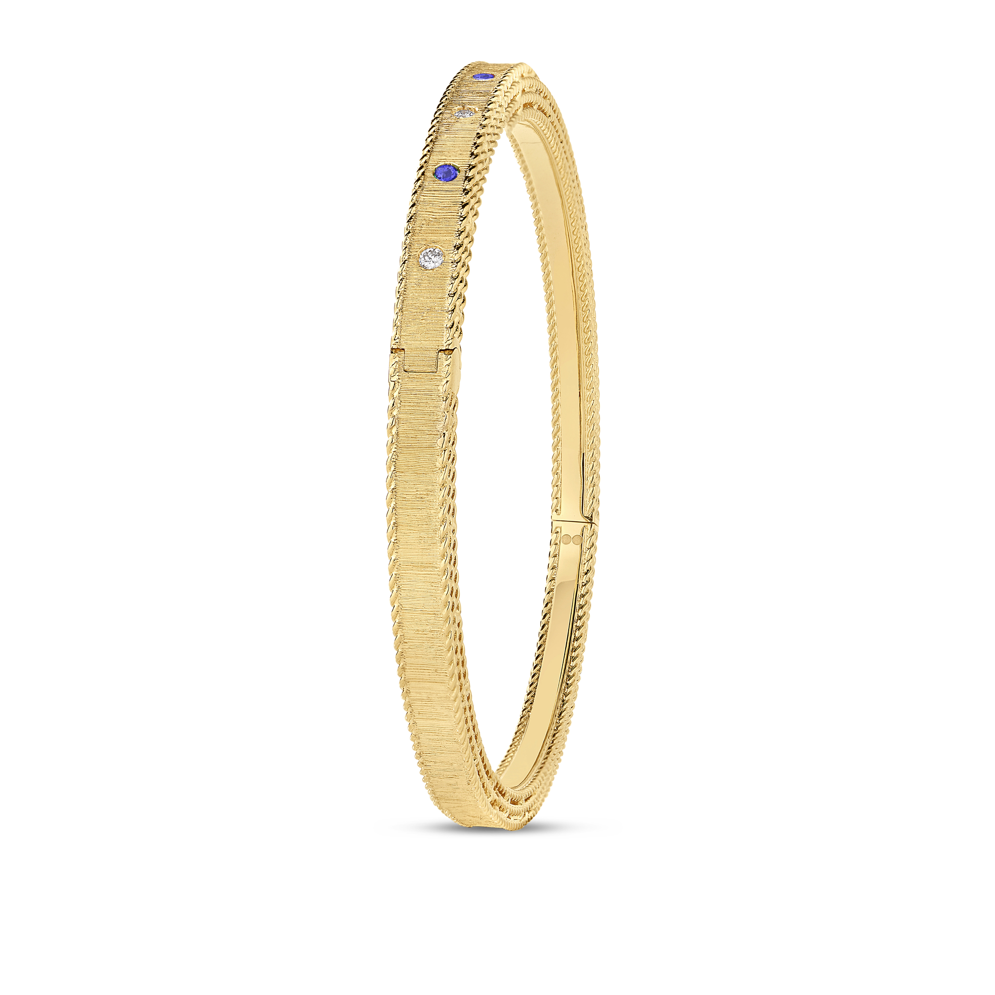 18k Yellow Gold Princess Diamond & Blue Sapphire Satin Finish Bangle