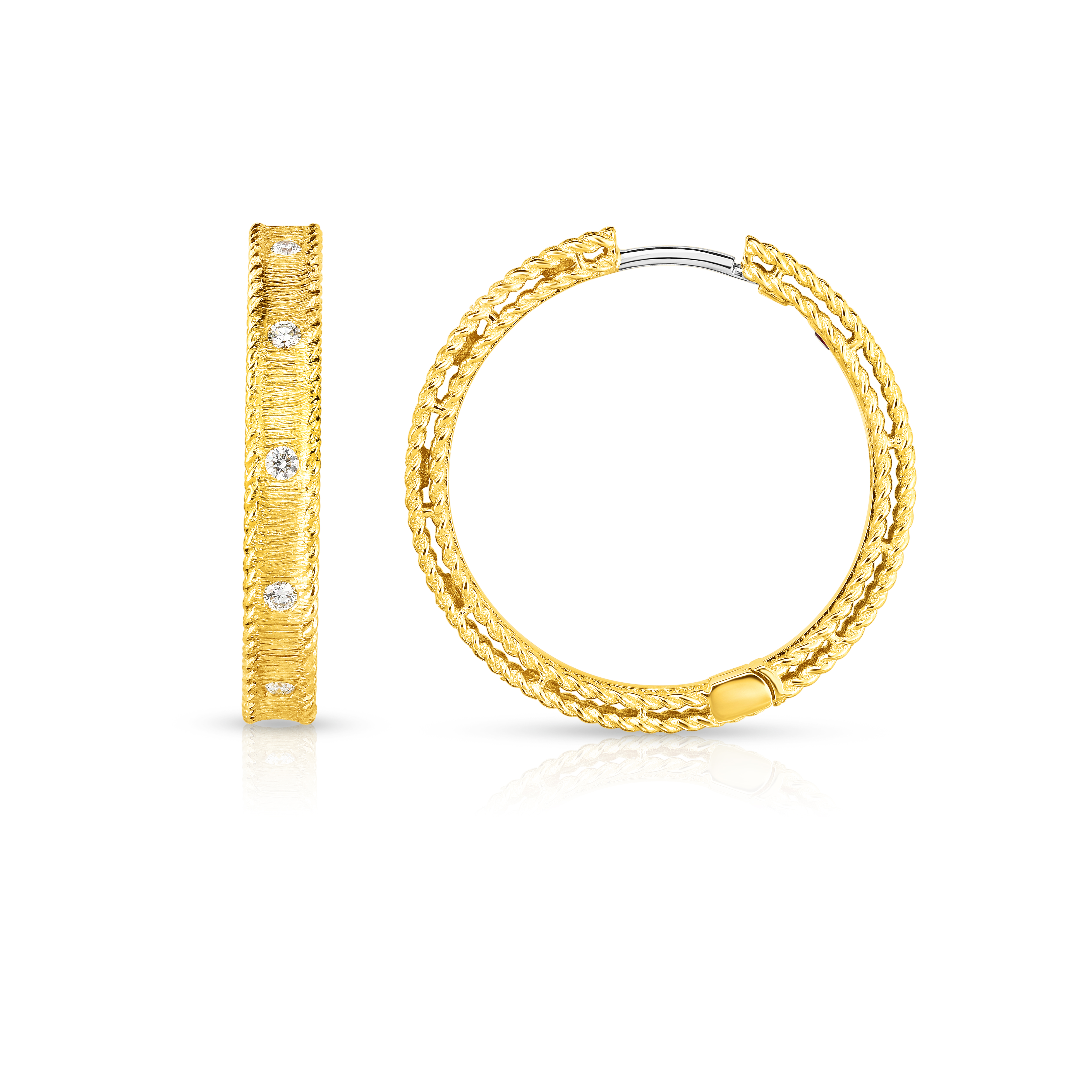 18k Yellow Gold Princess Diamond & Satin Finish Hoop Earrings