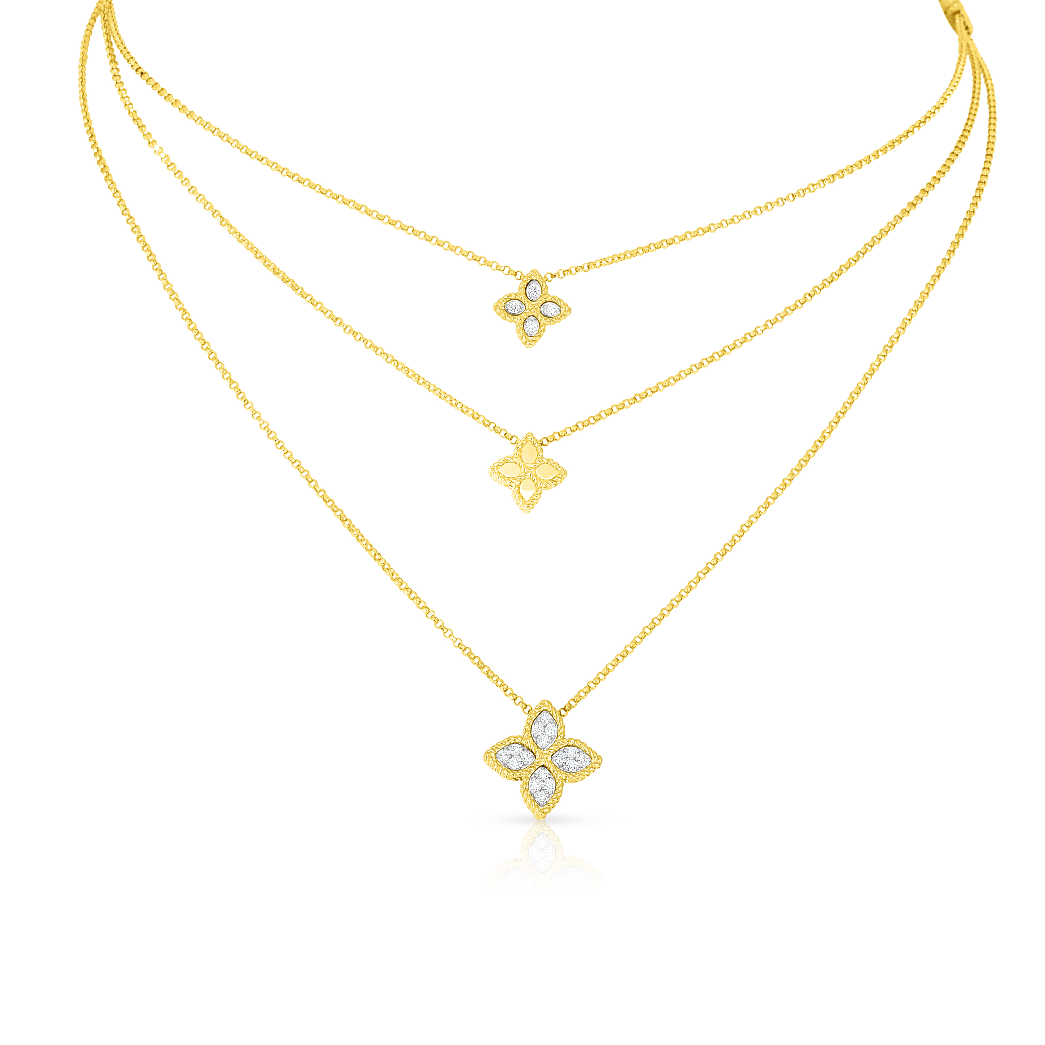 18k Yellow/white Princess Flower Triple Chain & Diamond Pendant Necklace