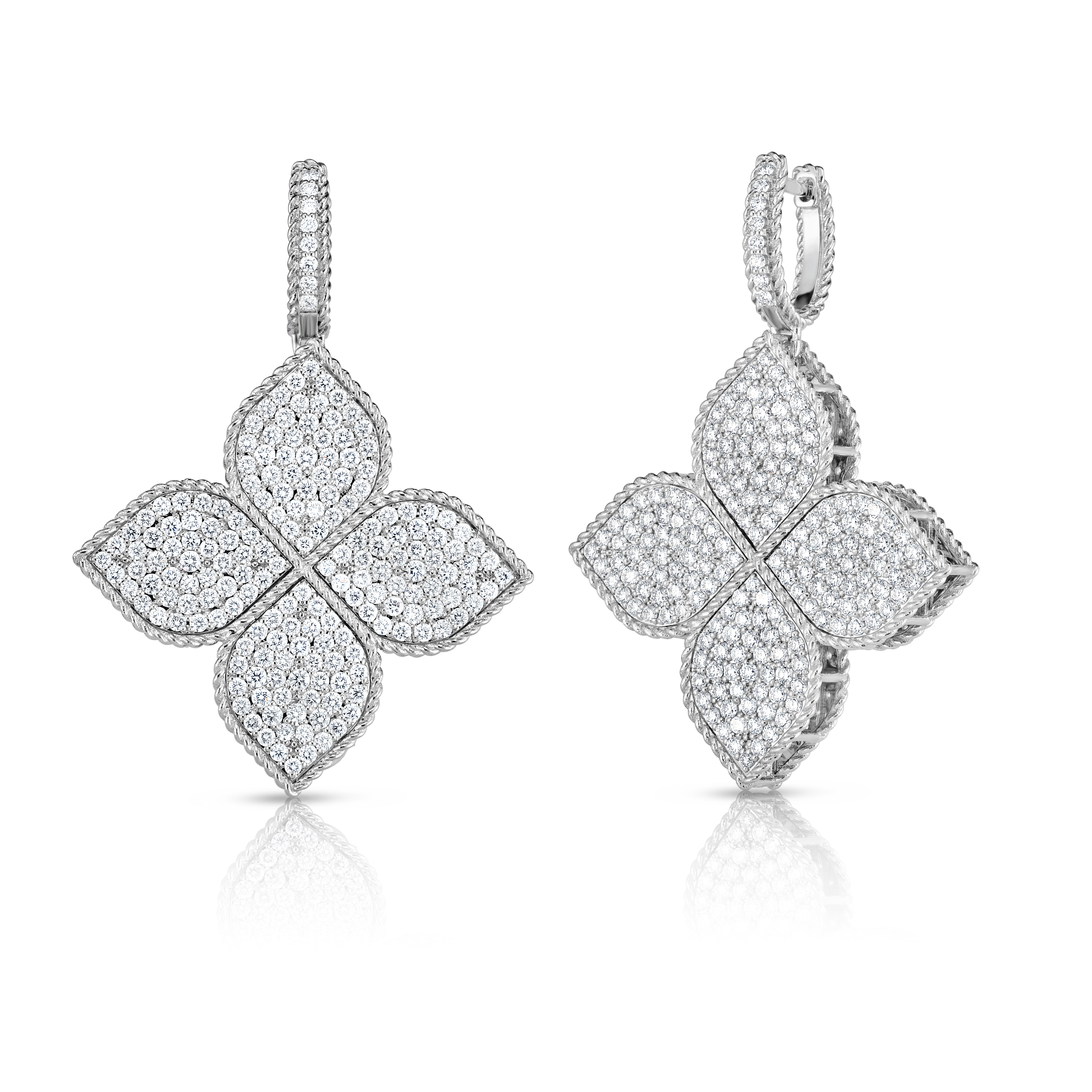 18k White Gold Princess Flower Large Pave Diamond Drop Earrings