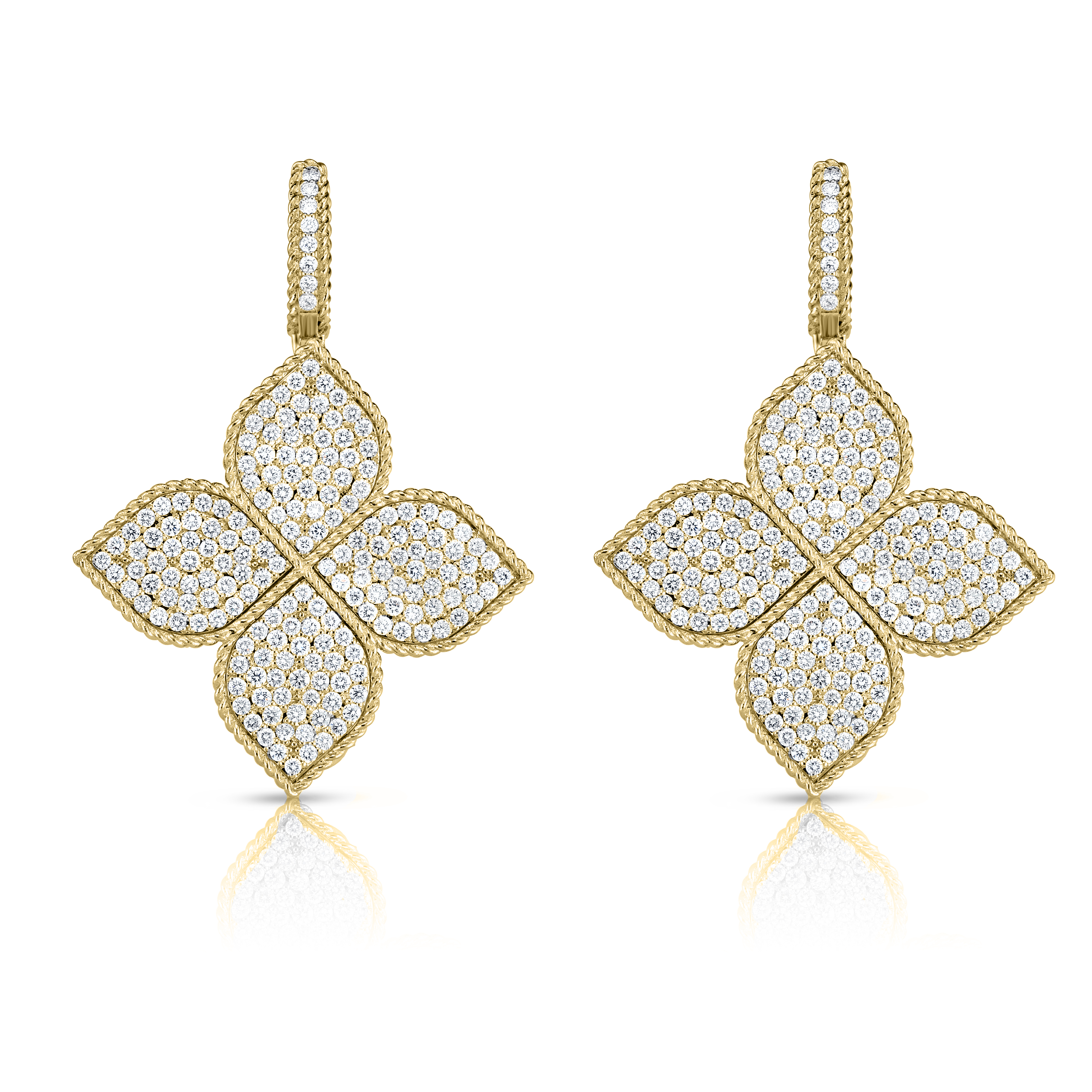18k Yellow/white Gold Princess Flower Large Pave Diamond Drop Earrings