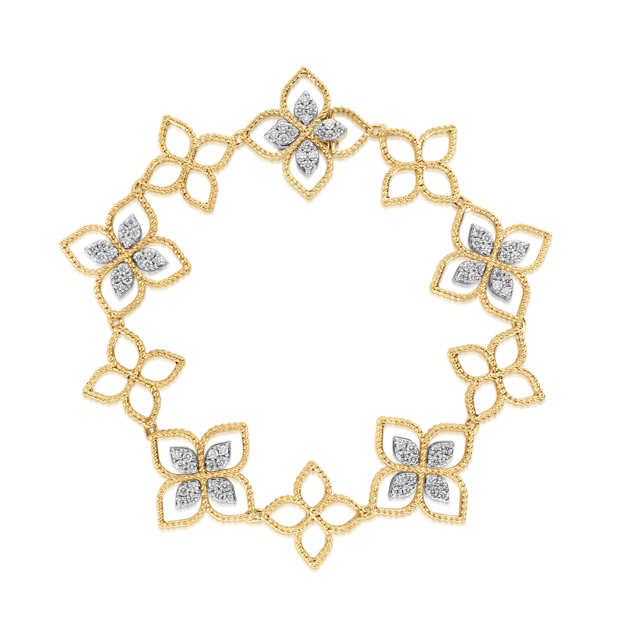 18k Yellow/white Gold Princess Flower Alrternating Diamond Flower Braclet