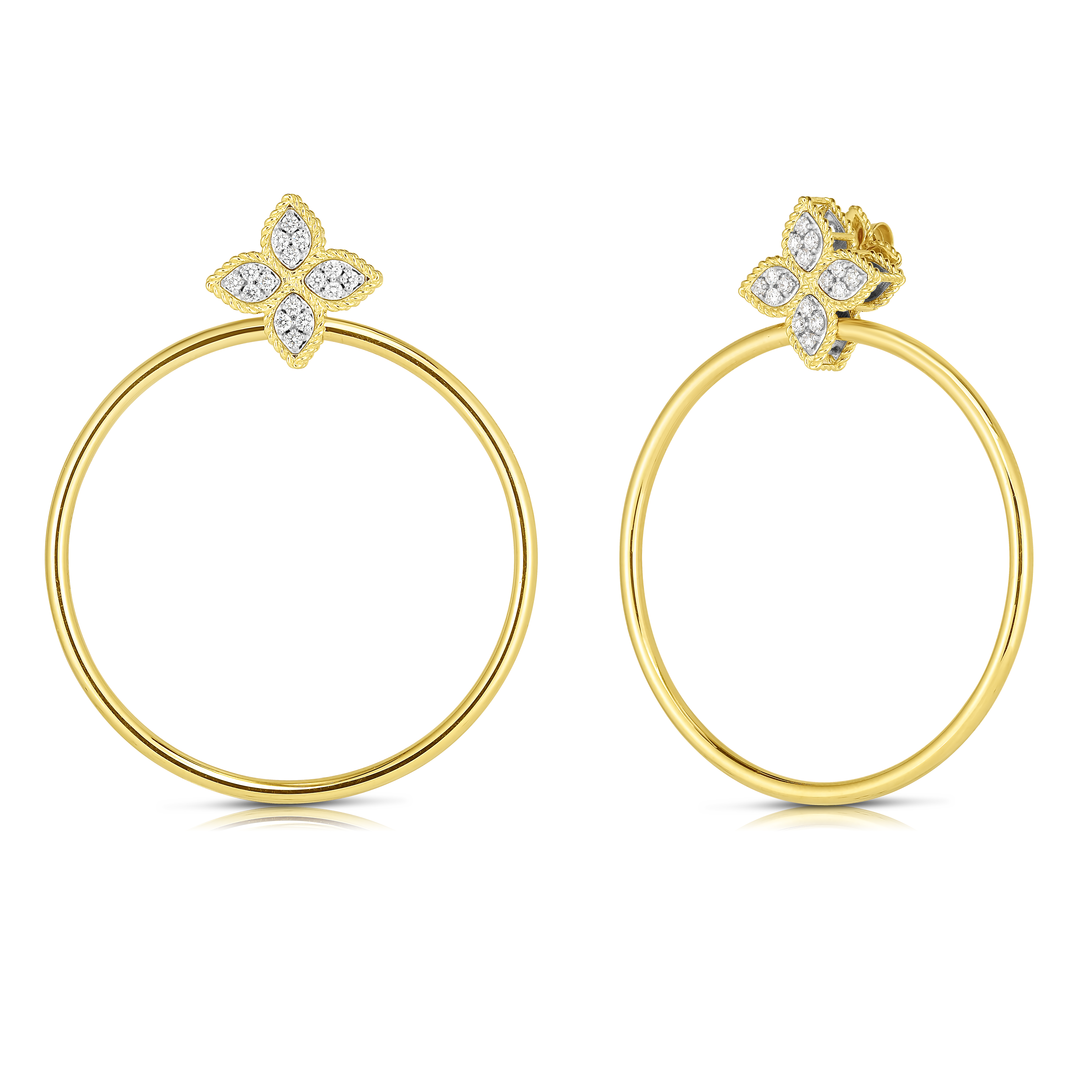 18k Yellow/white Gold Princess Flower Attached Hoop Diamond Earrings