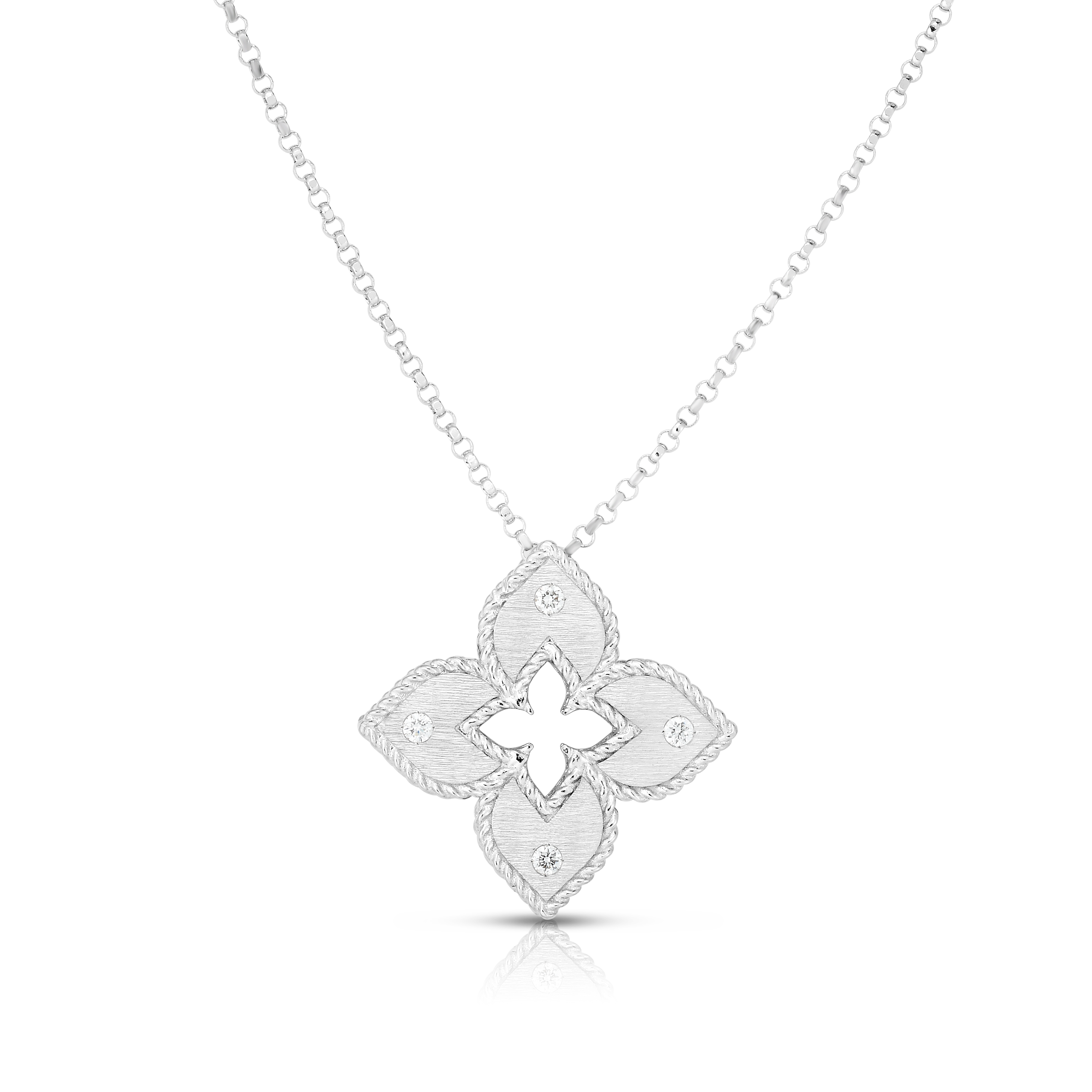 18k White Gold Venetian Princess Diamond & Satin Finish Flower Necklace