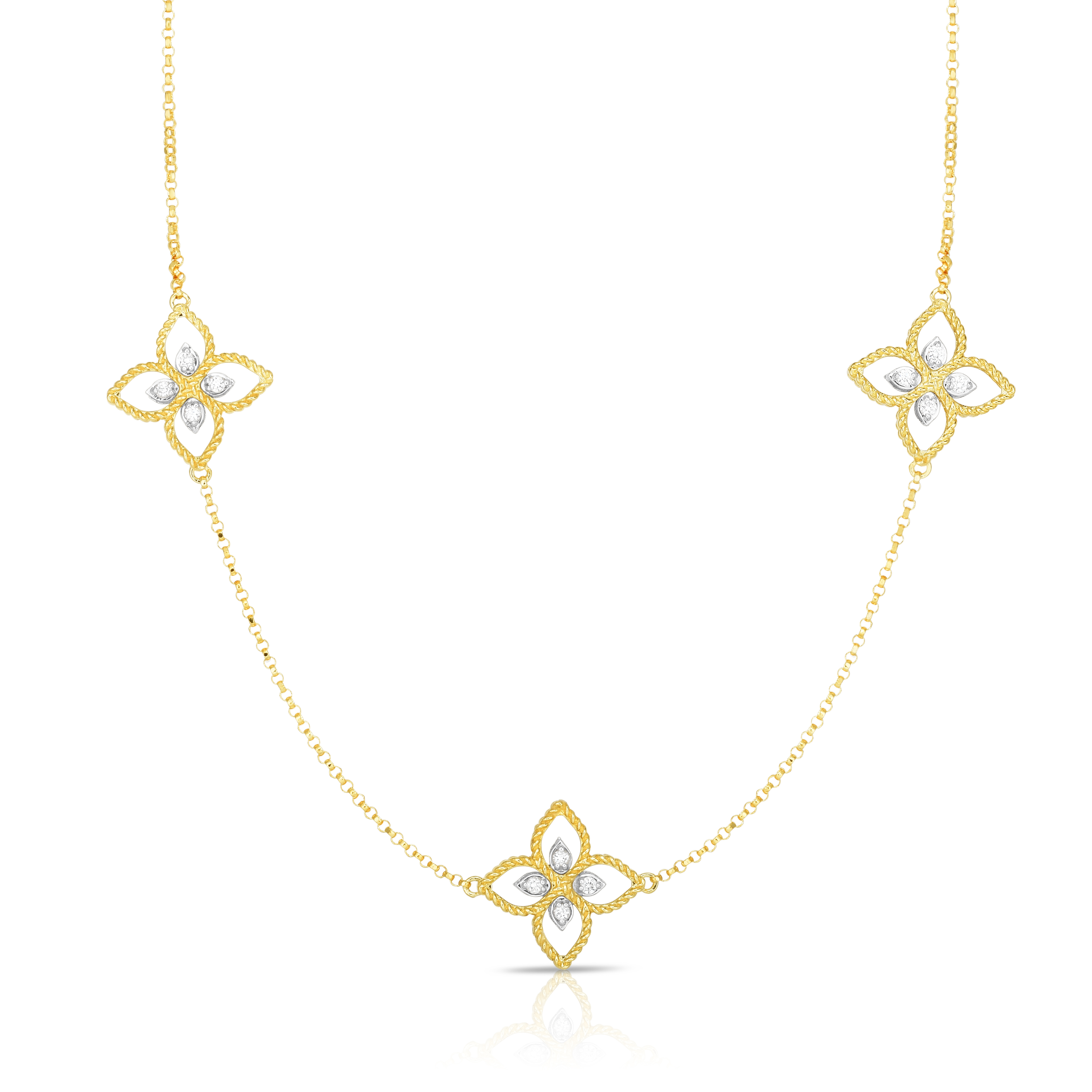 18k Yellow/white Gold Princess Flower Diamond Three Station Flower Necklace