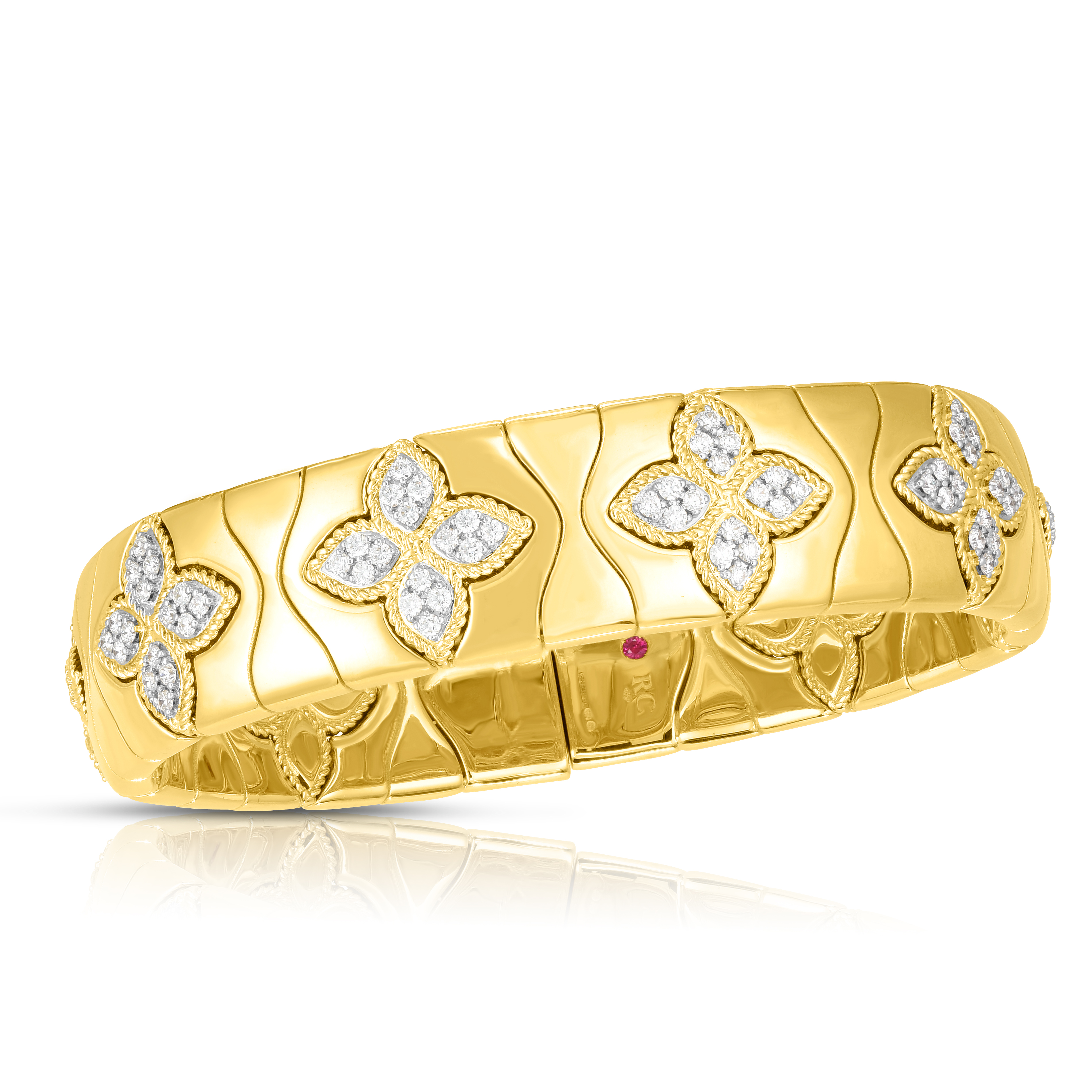 18k Yellow/white Gold Royal Princess Flower Wide Diamond Bangle