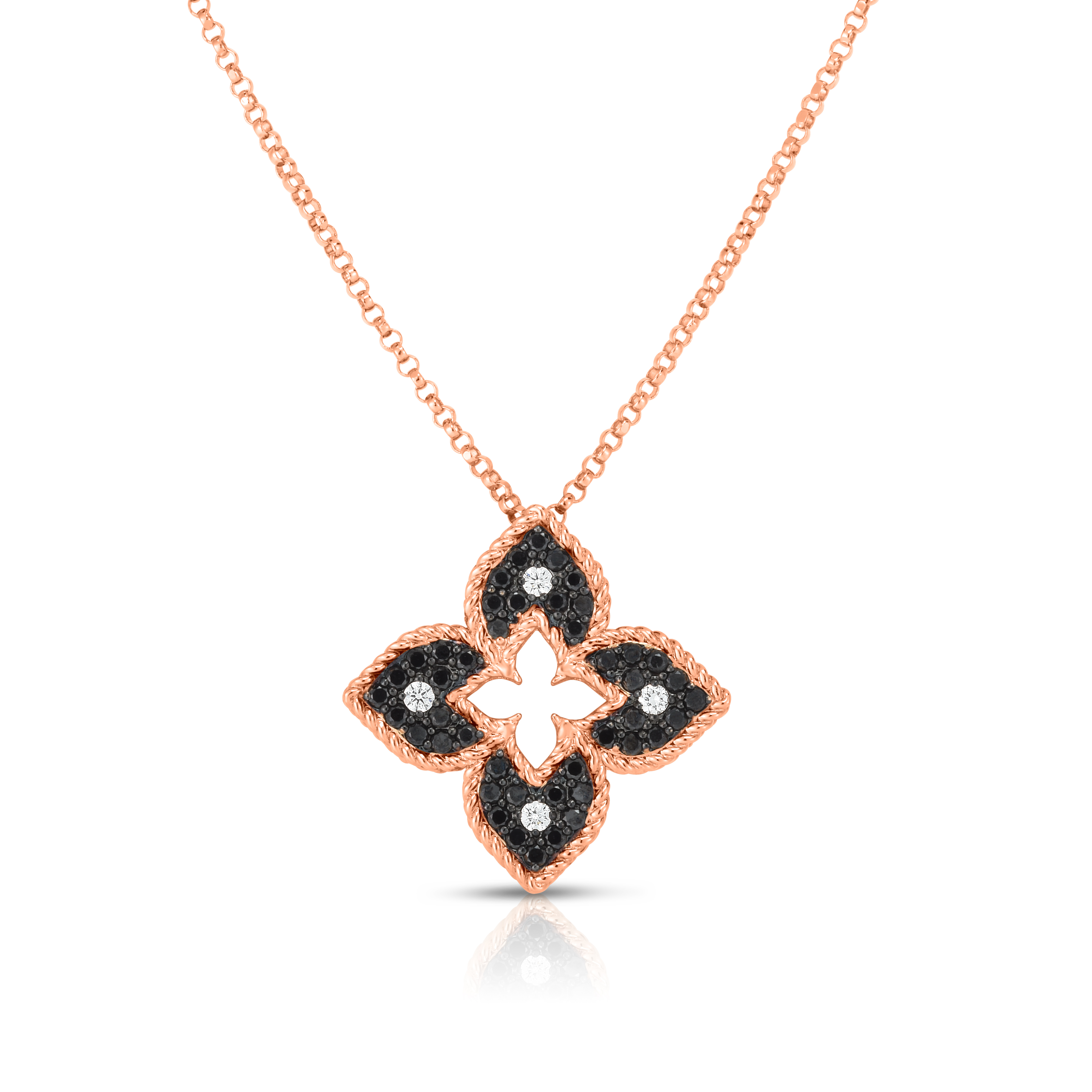 18k Rose Gold Petite Venetian Black & White Diamond Flower Necklace
