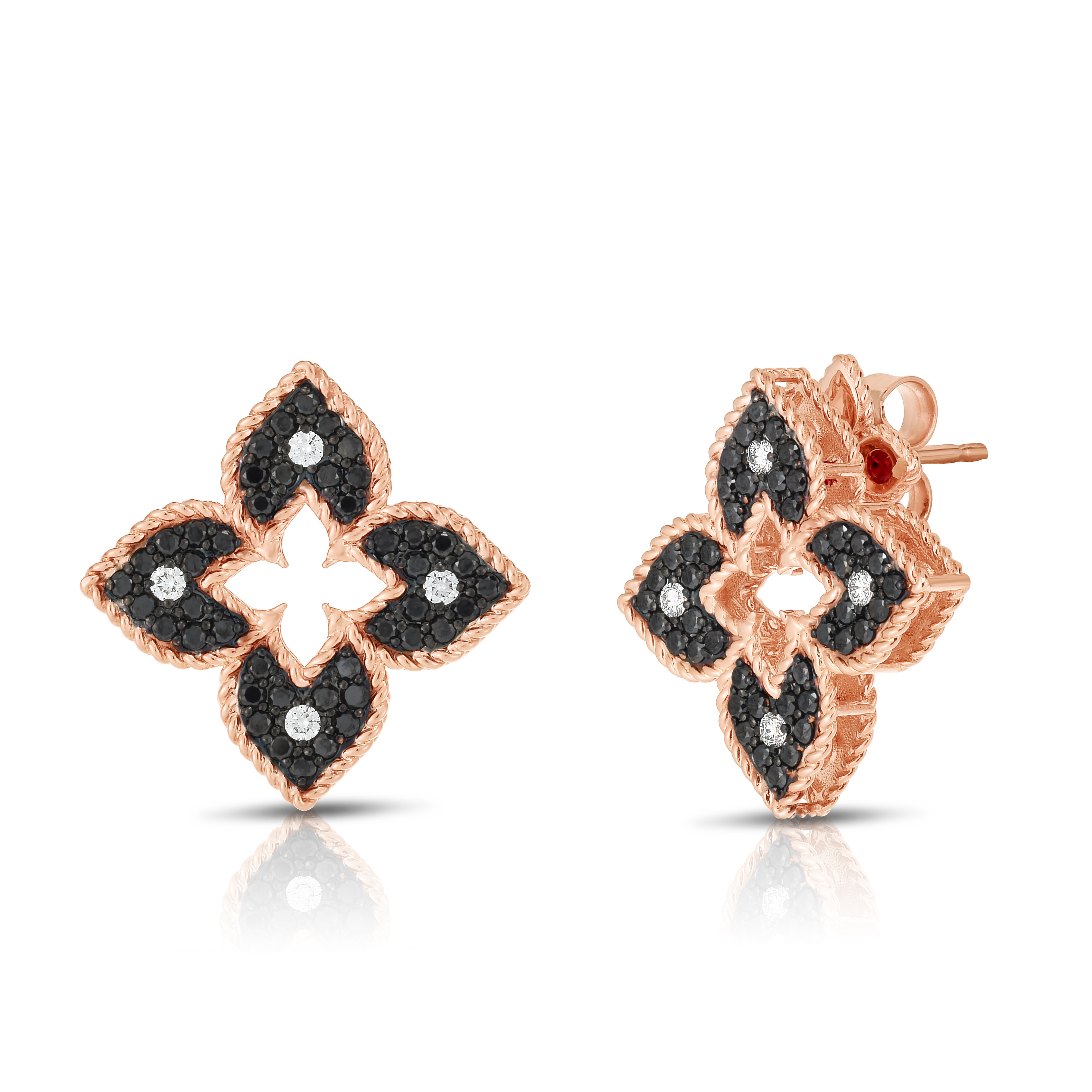 18k Rose Gold Petite Venetian Princess Black & White Diamond Flower Stud Earrings