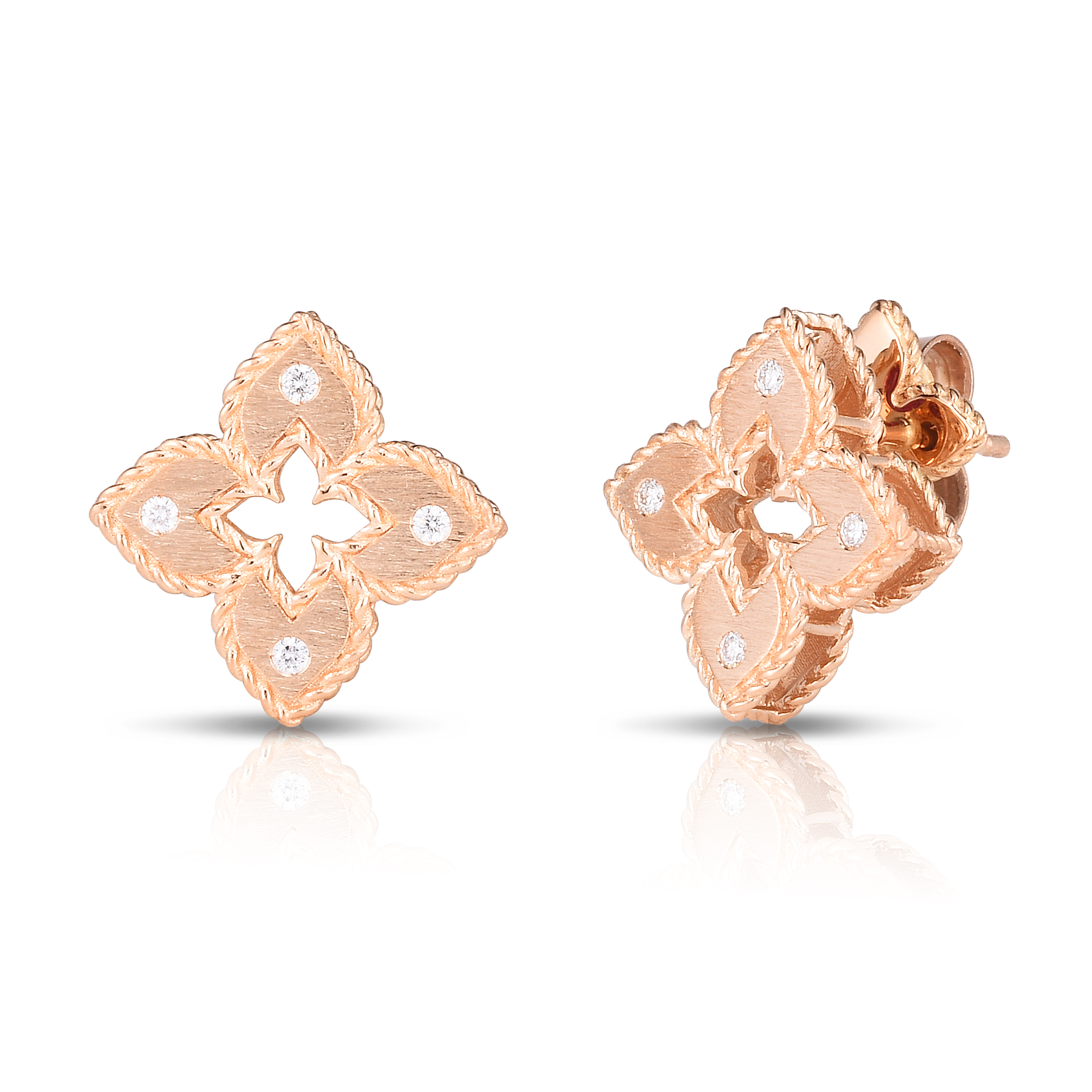18k Rose Gold Venetian Princess Extra Small Diamond & Satin Finish Flower Earrings
