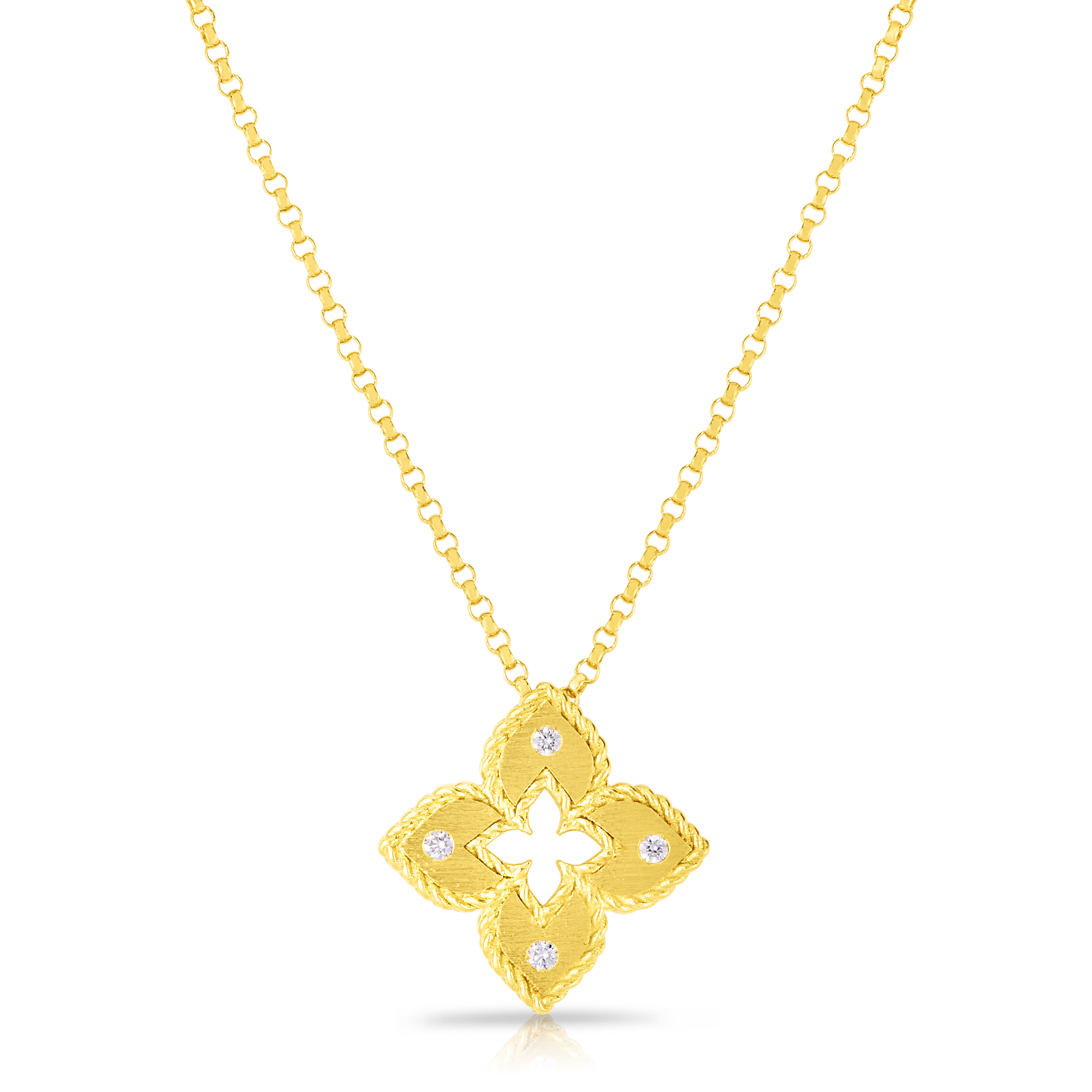 18k Yellow Gold Venetian Princess Extra Small Diamond & Satin Finish Flower Necklace