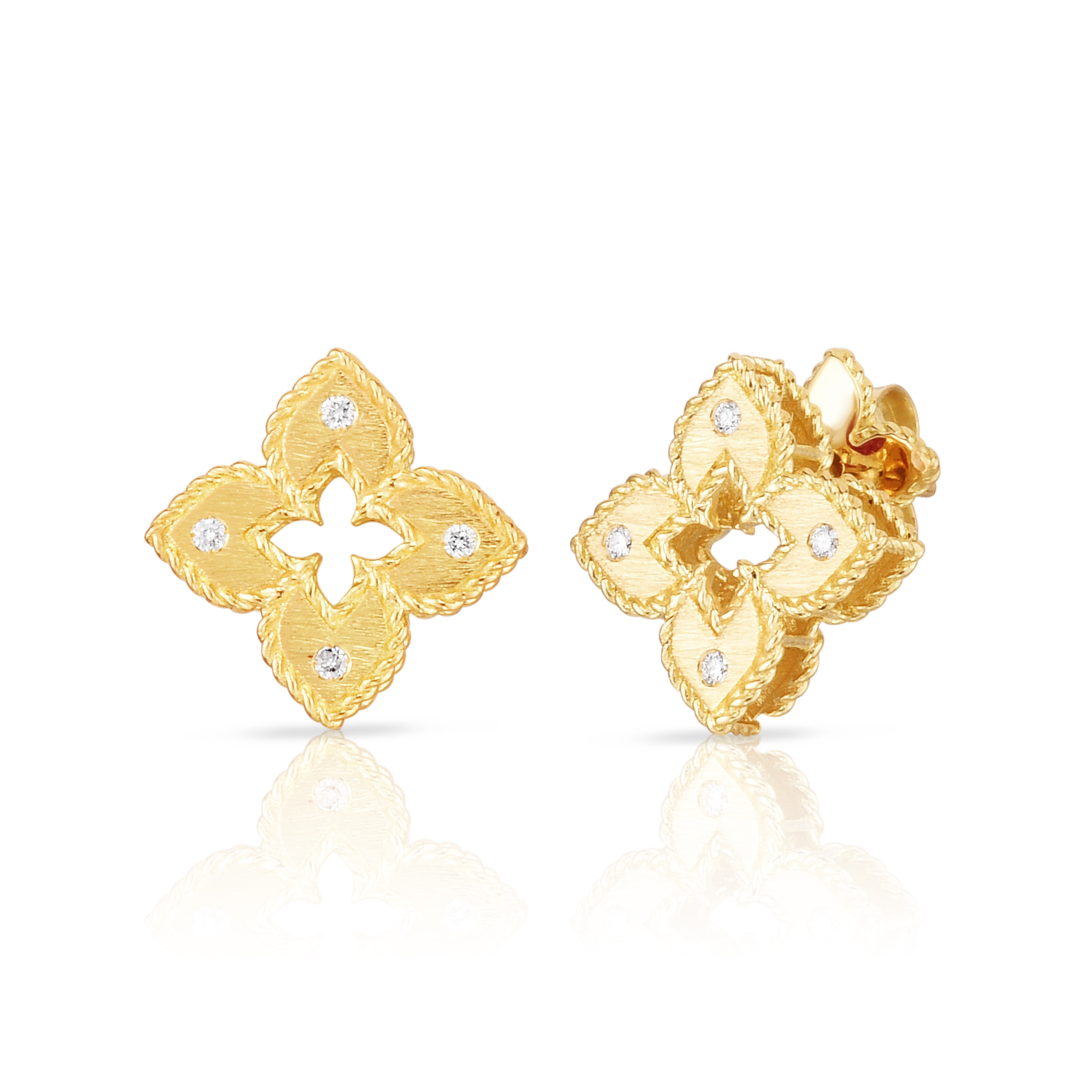 18k Yellow Gold Venetian Princess Extra Small Diamond & Satin Finish Flower Earrings