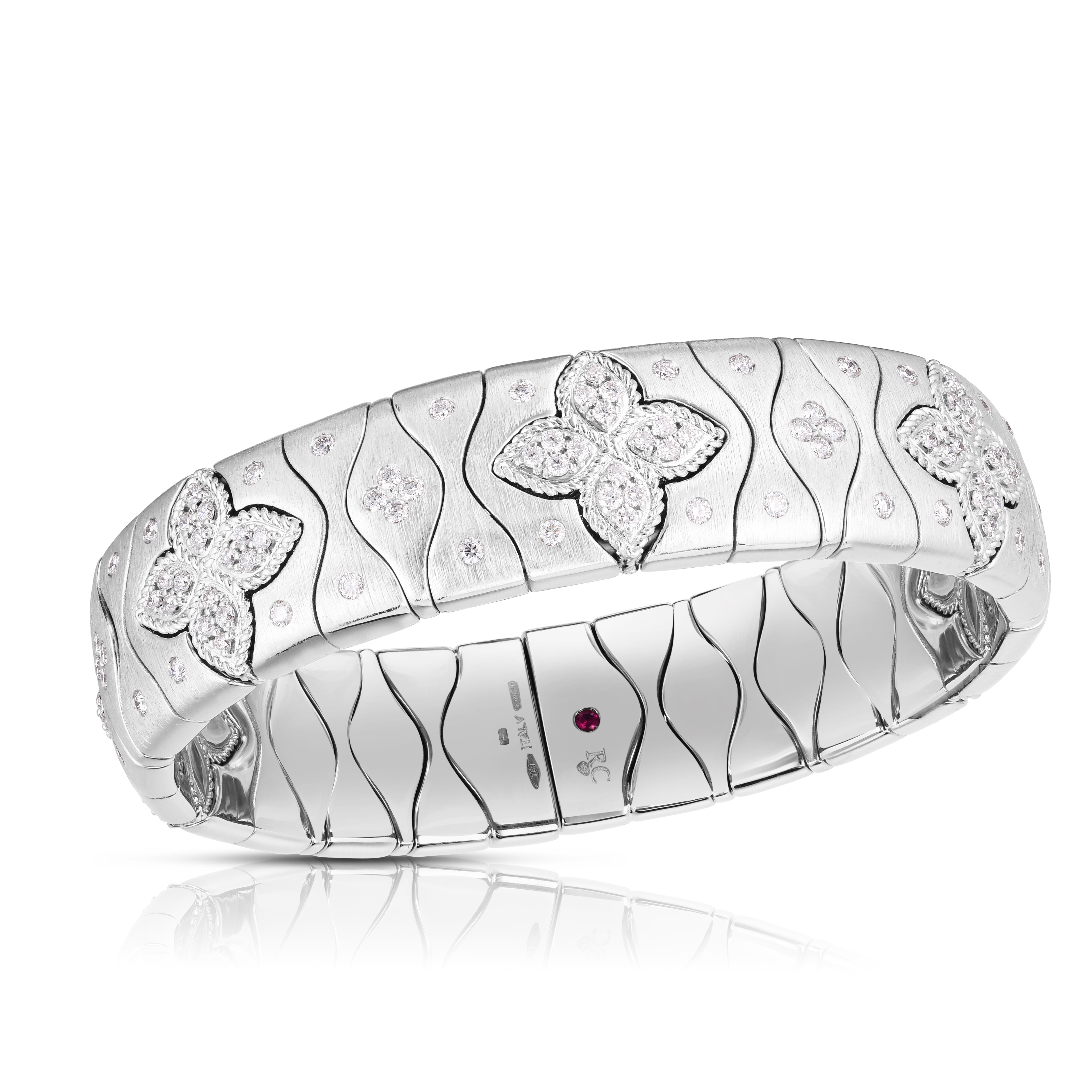 18k White Gold Royal Princess Flower Diamond & Satin Finish Wide Cuff Bracelet