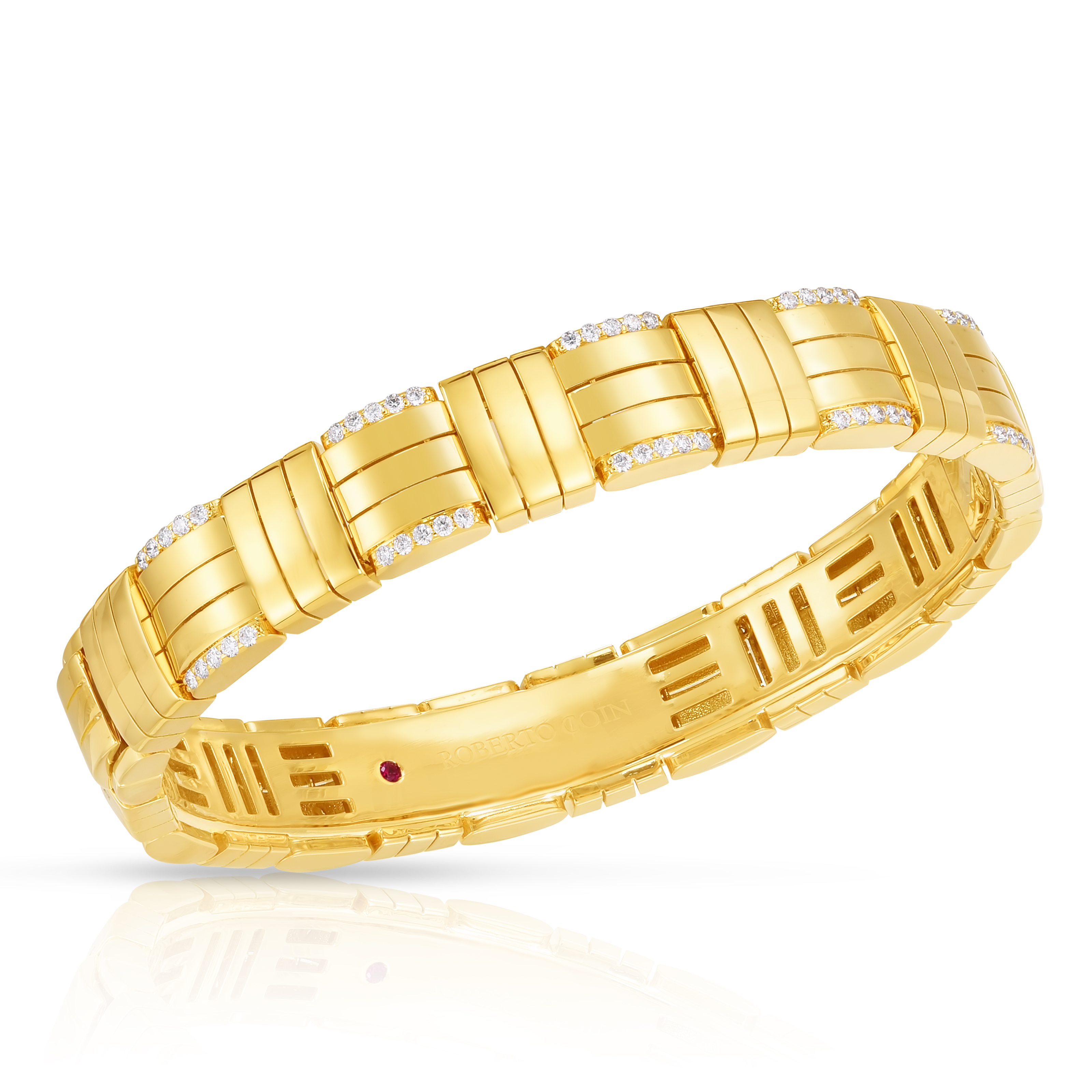 18k Yellow Gold Veneto Diamond Accent Woven Single Row Wide Bangle