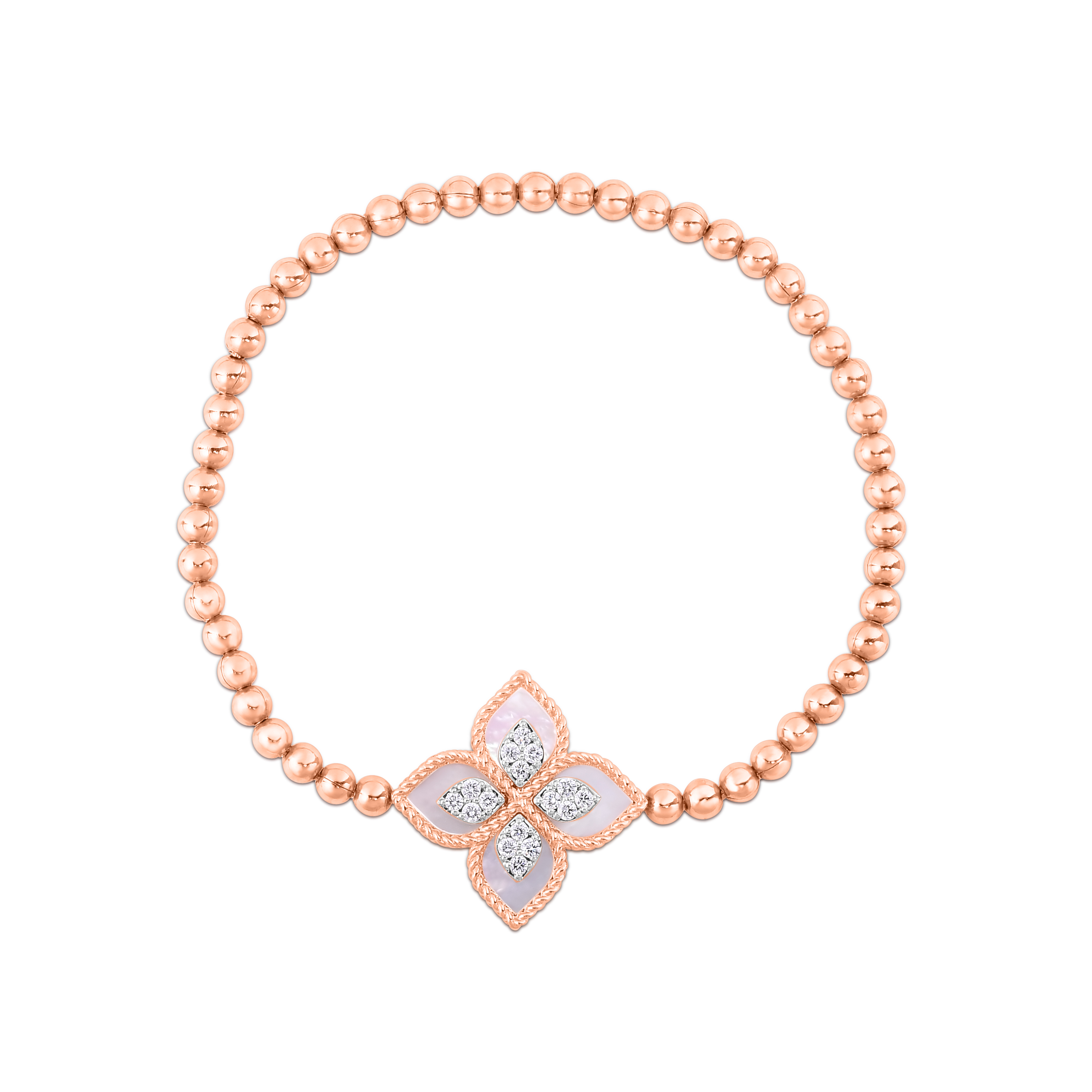 18k Rose/white Gold Venetian Princess Large Flower Diamond & Mother Of Pearl Stretch Bracelet