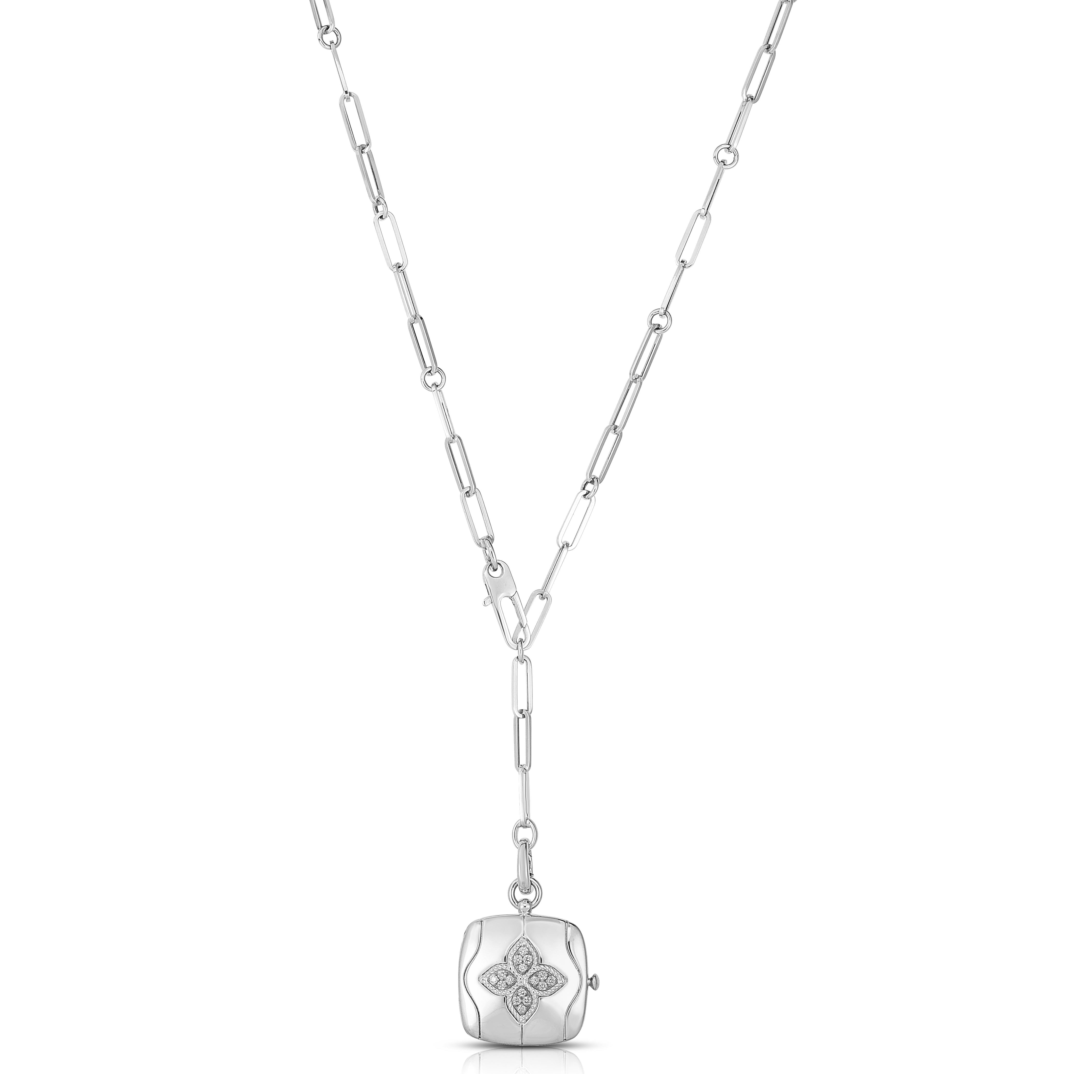 18k White Gold Royal Princess Flower Diamond Accent Locket Necklace