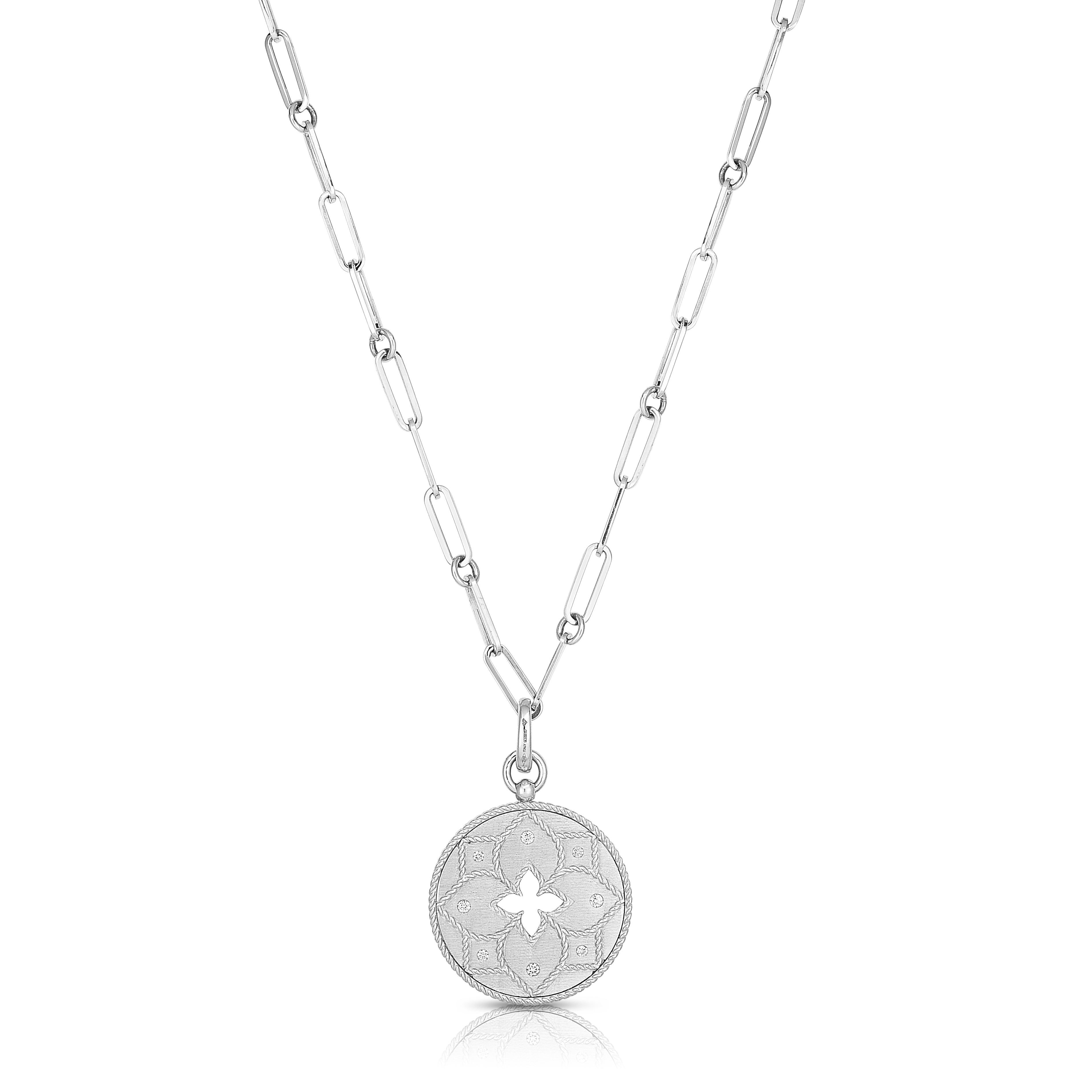 18k White Gold Venetian Princess Satin Diamond & Satin Finish Flower Cut Out Medallion Necklace