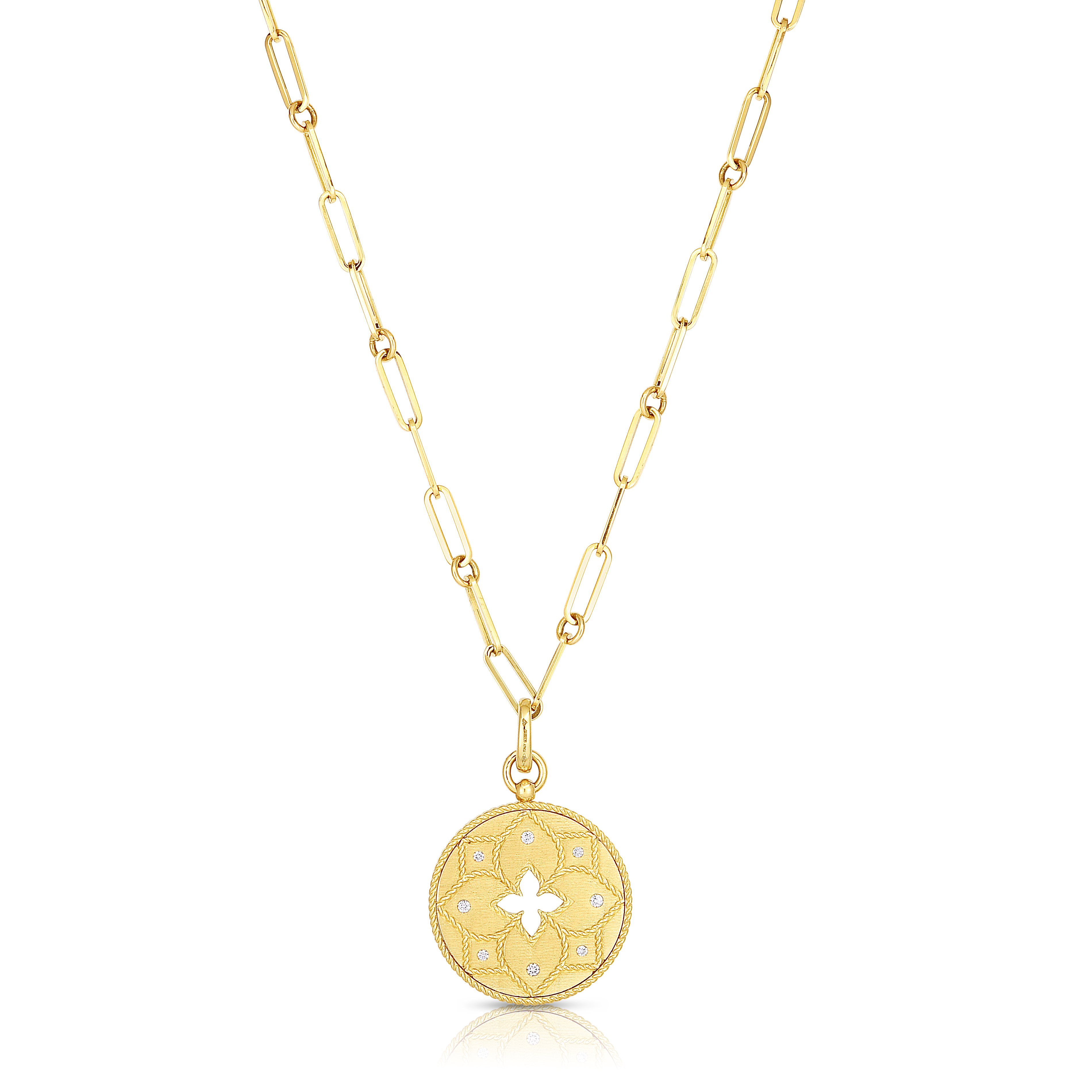 18k Yellow Gold Venetian Princess Satin Diamond & Satin Finish Flower Cut Out Medallion Necklace
