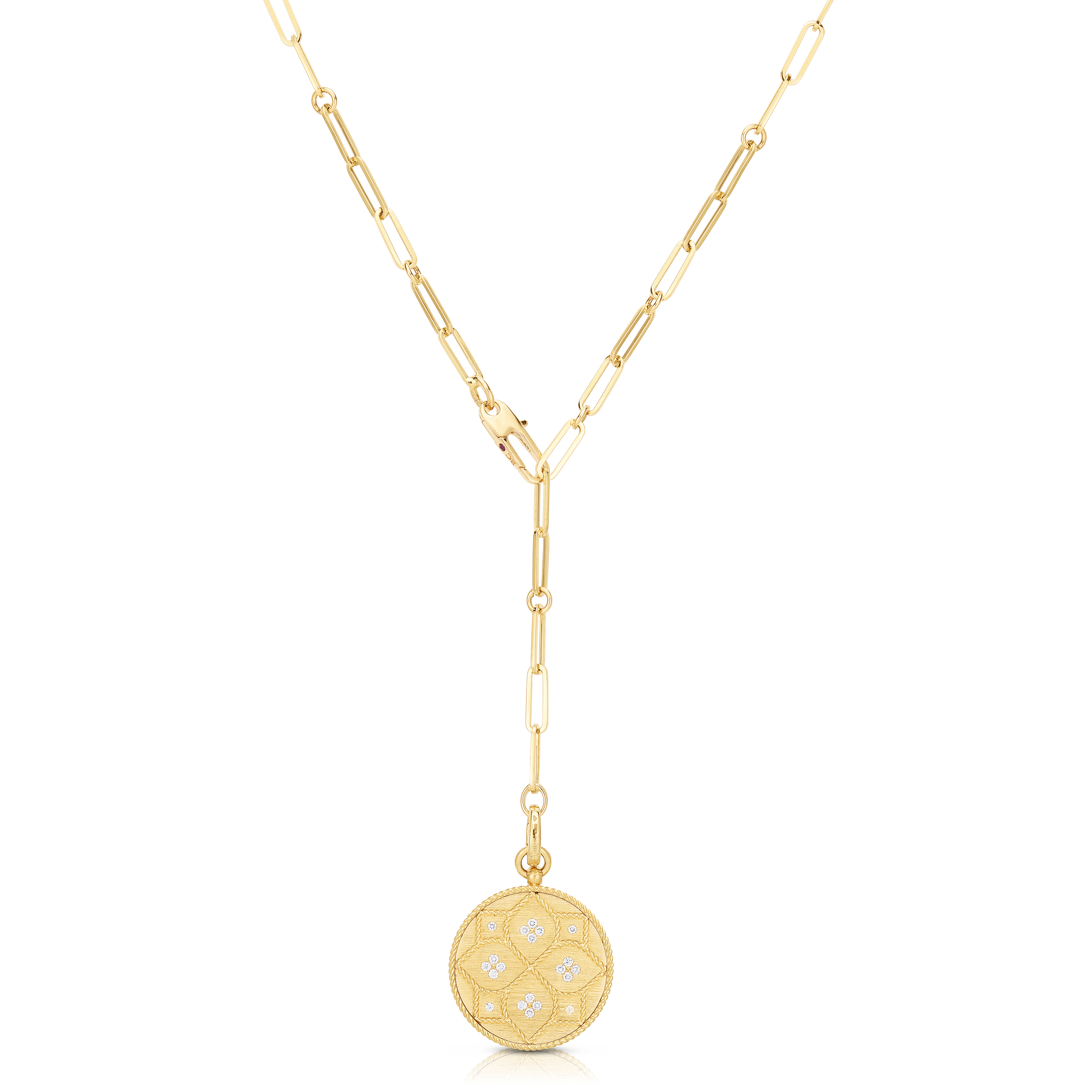 18k Yellow Gold Venetian Princess Diamond & Satin Finish Etched Flower Medallion Necklace