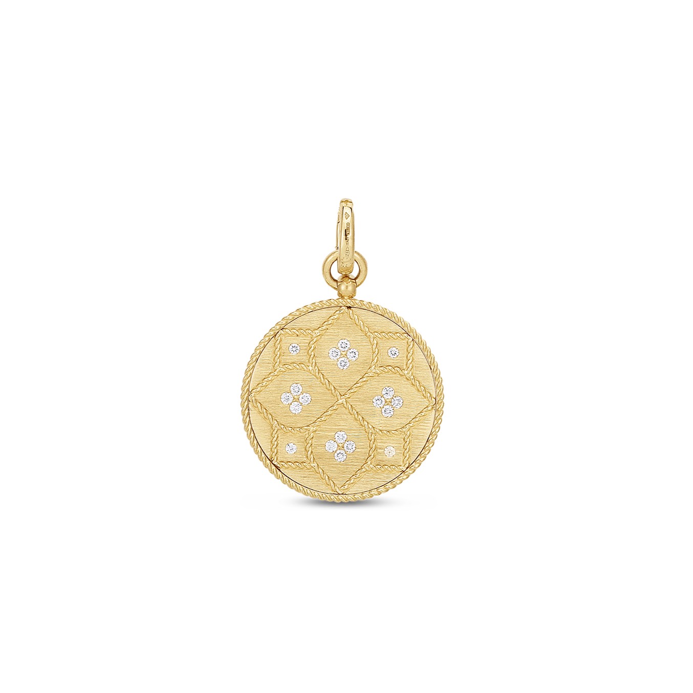 18k Yellow Gold Venetian Princess Diamond & Satin Finish Etched Flower Medallion Pendant