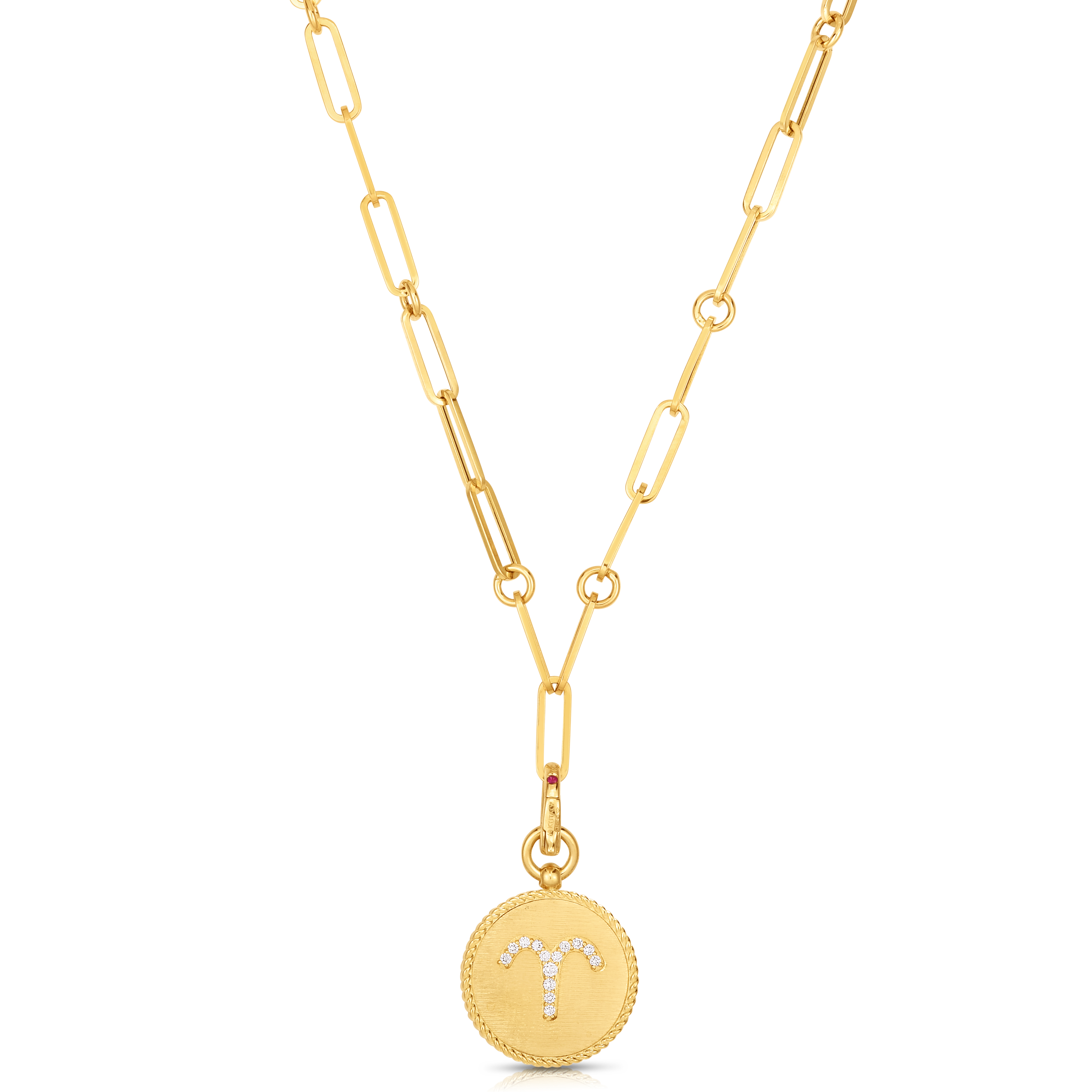 18k Yellow Gold Venetian Princess Diamond & Satin Finish Aries Zodiac Medallion Necklace