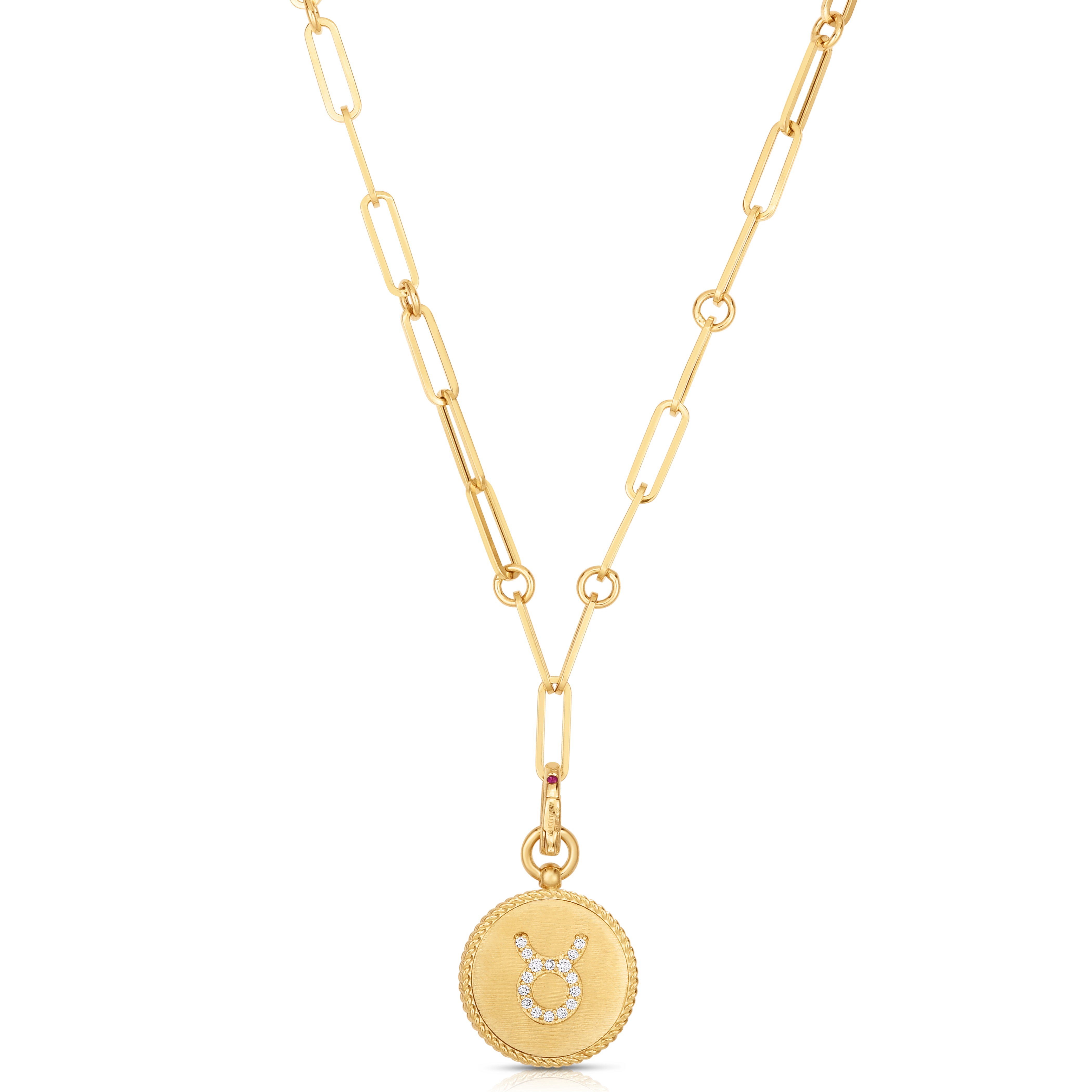 18k Yellow Gold Venetian Princess Diamond & Satin Finish Taurus Zodiac Diamond Medallion Necklace