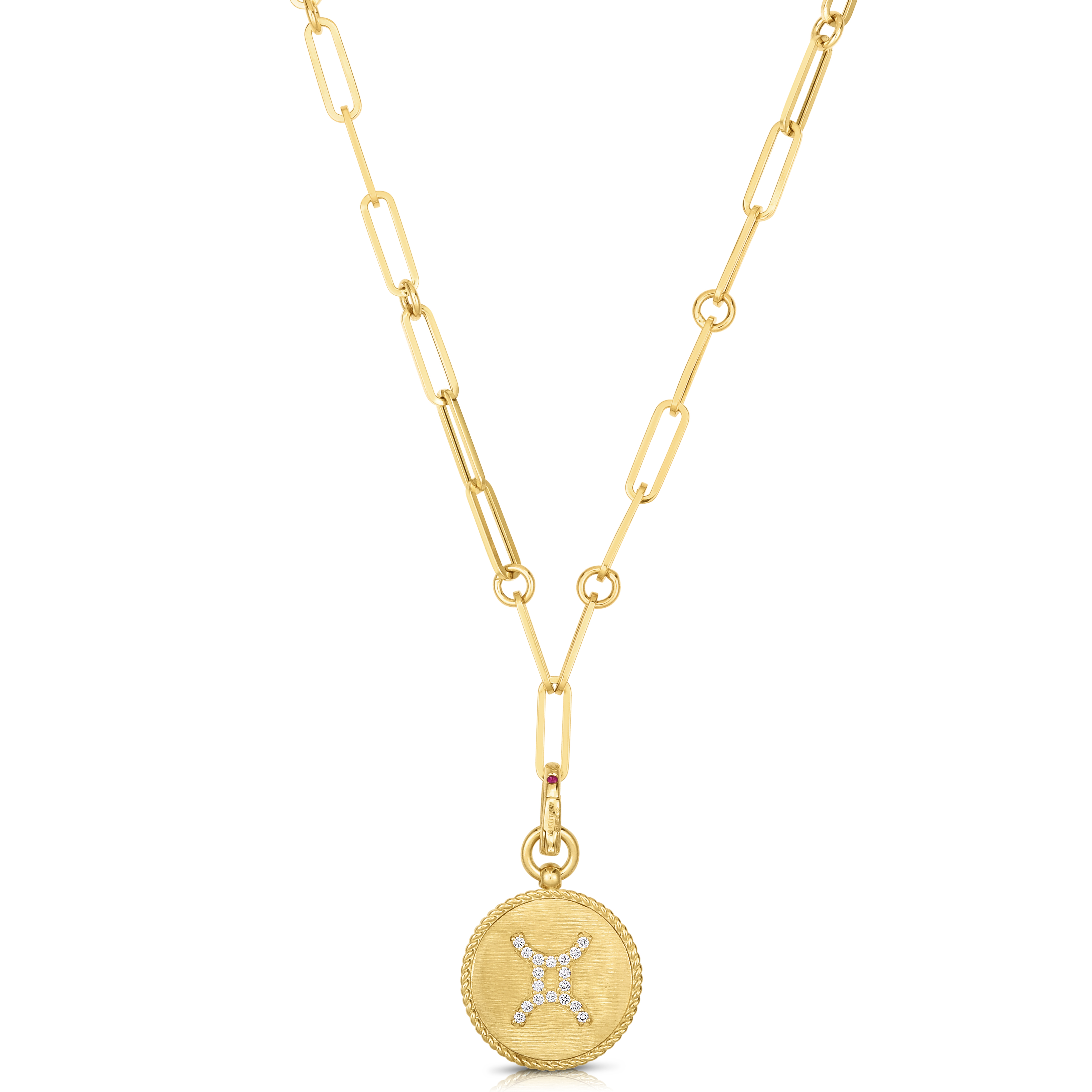 18k Yellow Gold Venetian Princess Diamond & Satin Finish Gemini Zodiac Medallion Necklace