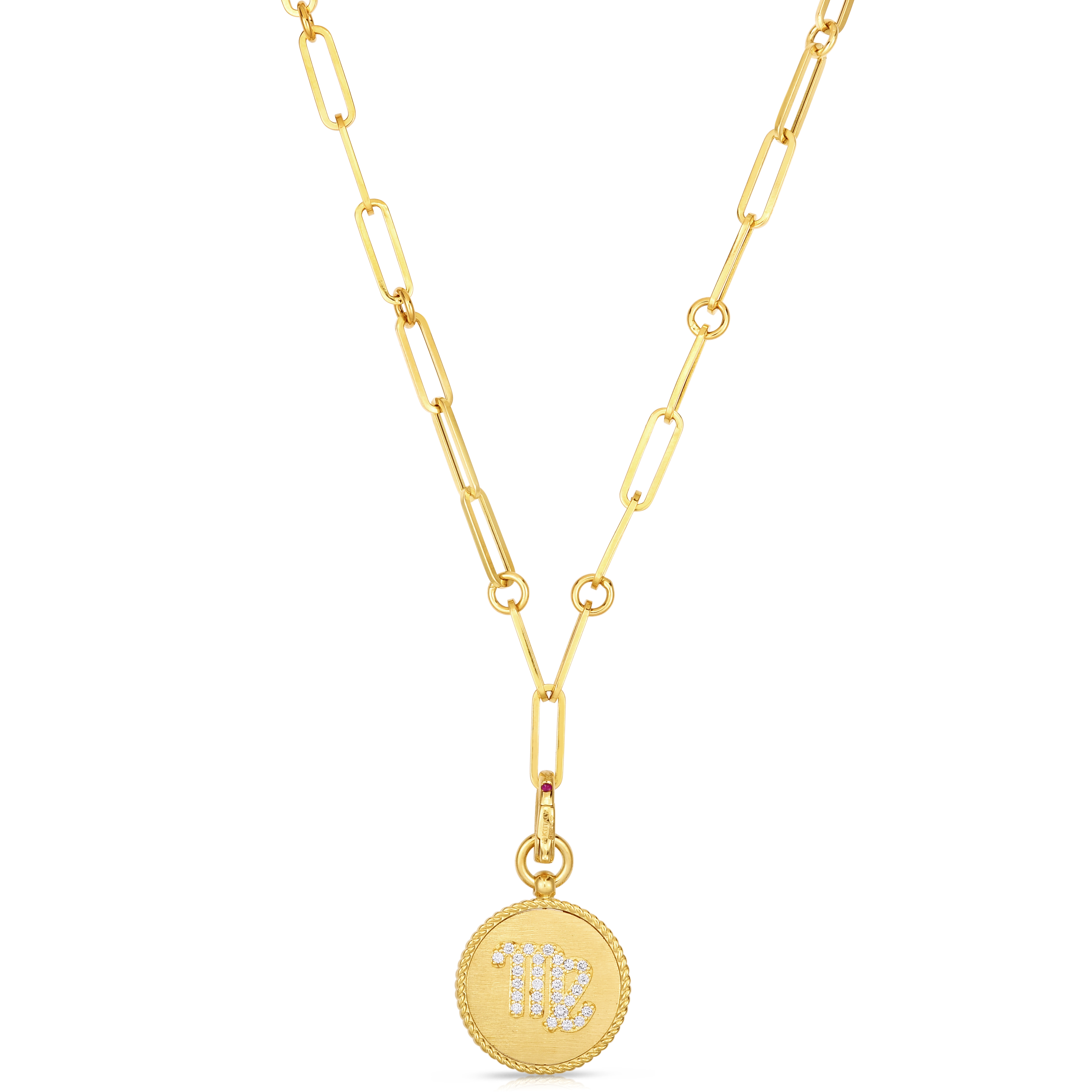 18k Yellow Gold Venetian Princess Diamond & Satin Finish Virgo Zodiac Medallion Necklace